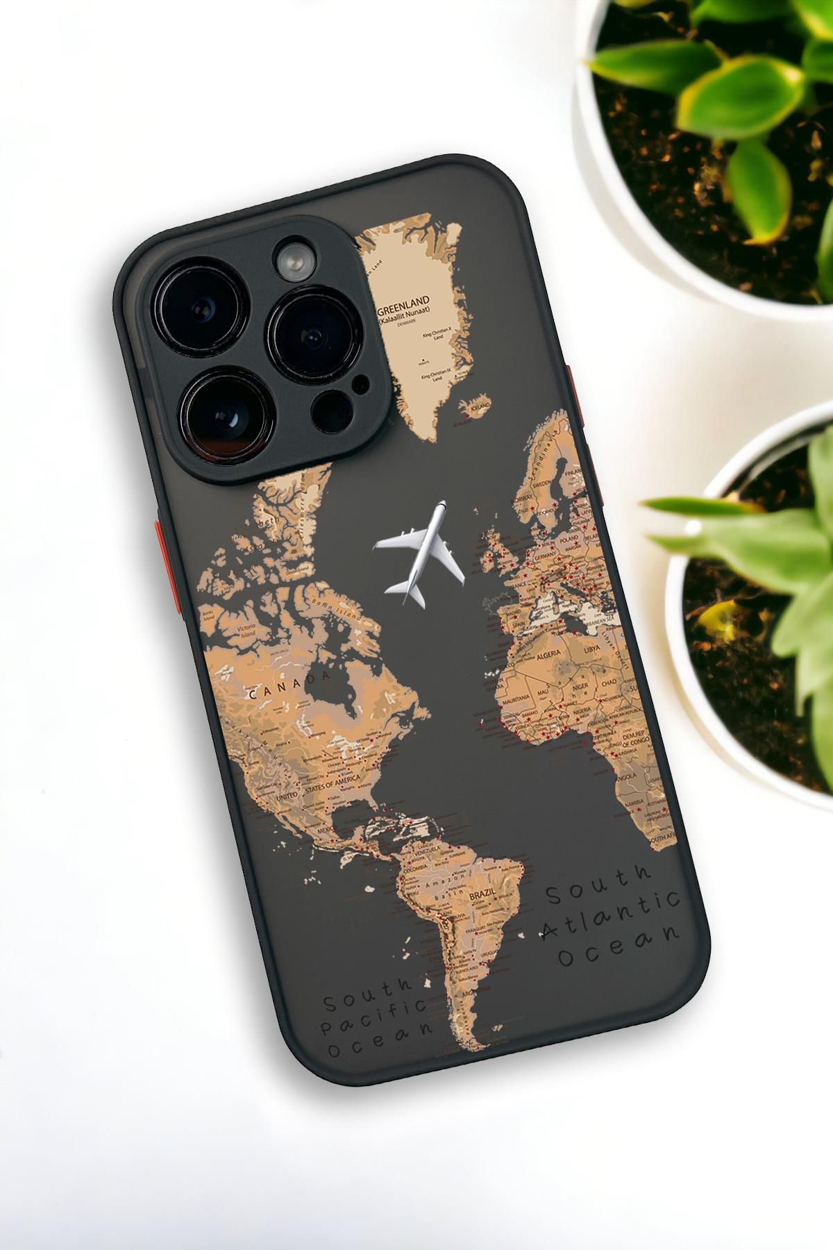 mooodcase iPhone 14 Pro Max Uyumlu Dünya Harita Desenli Buzlu Şeffaf Lüx Telefon Kılıfı