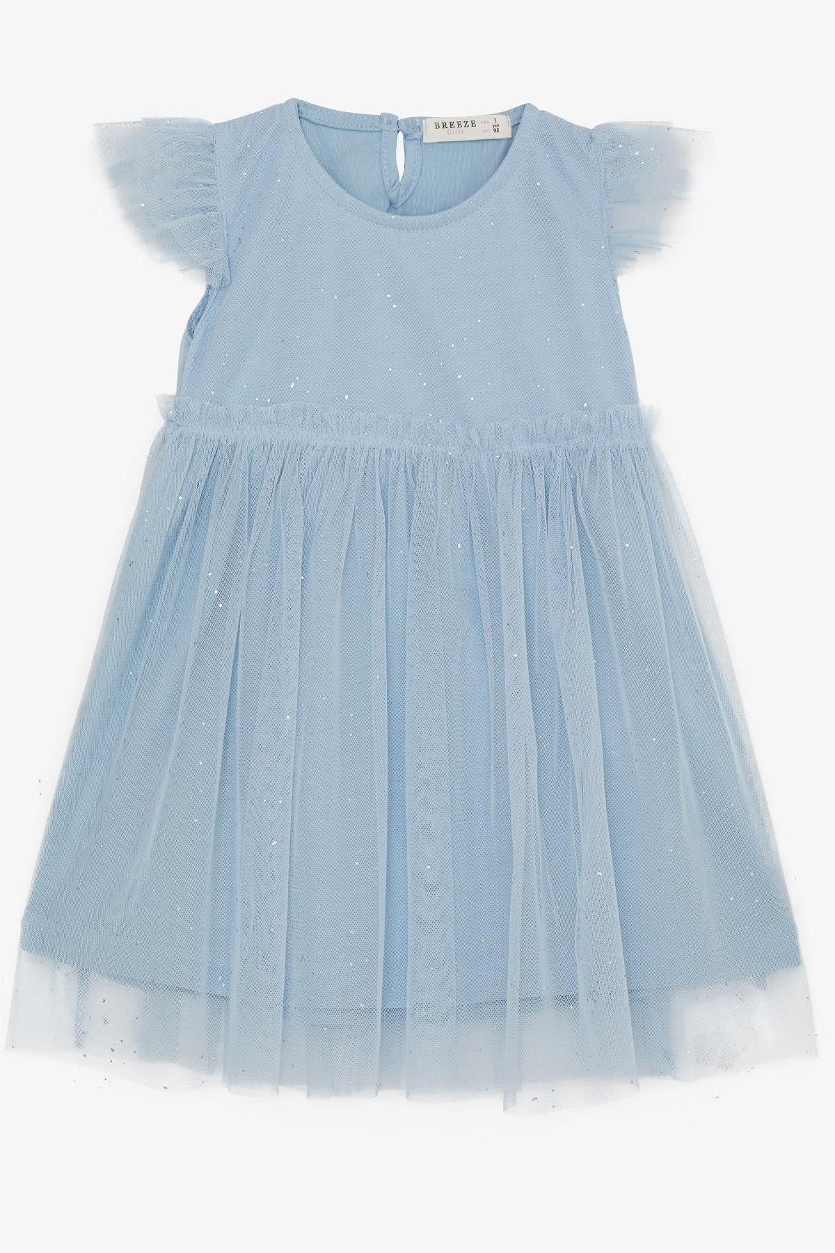 Breeze Kız Çocuk Elbise Simli Tüllü Fırfırlı 3-7 Yaş, Mavi