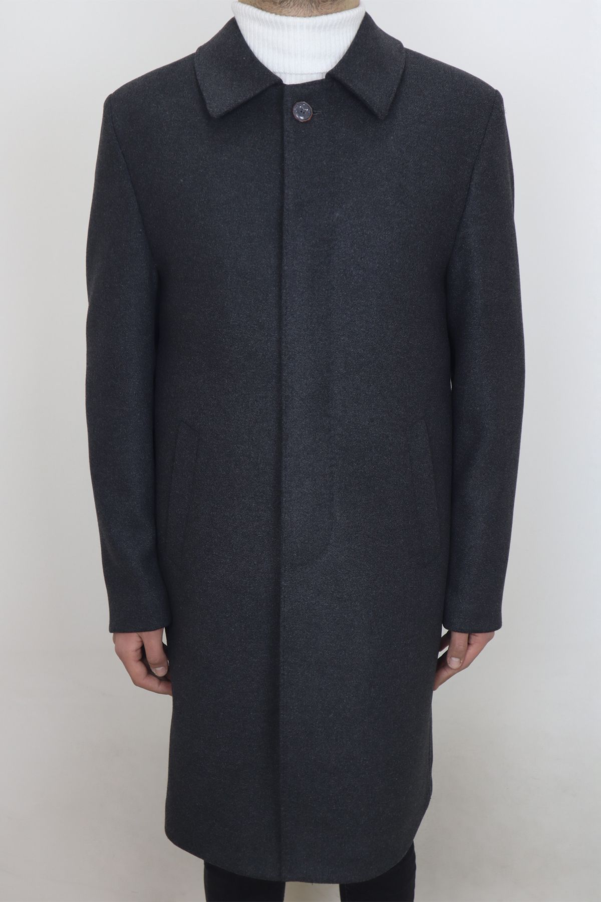 Pelikan Tekstil Fistan Store Erkek Füme Polo Yaka Klasik Kesim Rahat Kalıp Kışlık Büyük Beden Kaşmir Kaban Palto