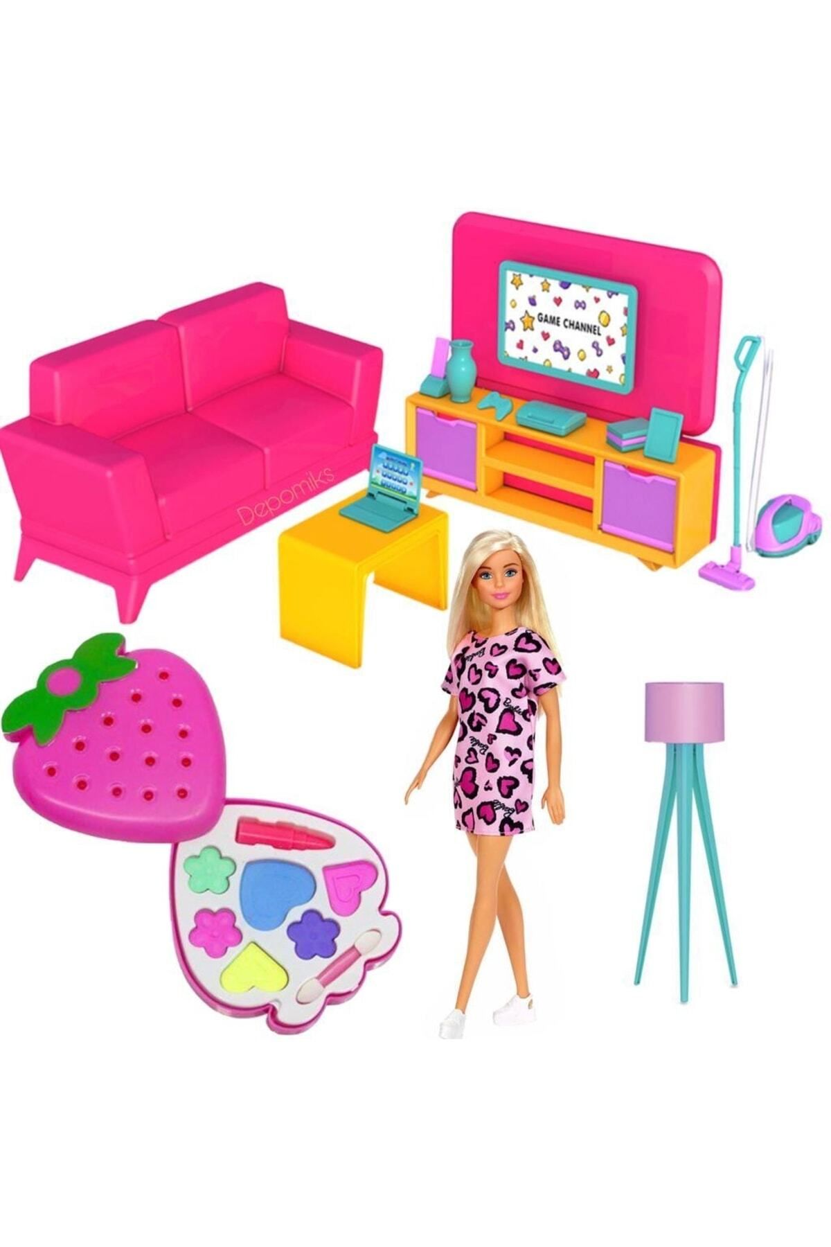 Depomiks Avm Barbie Bebek + Oyuncak Aksesuarlı Oturma Odası + Çilek Makyaj Seti Kız
