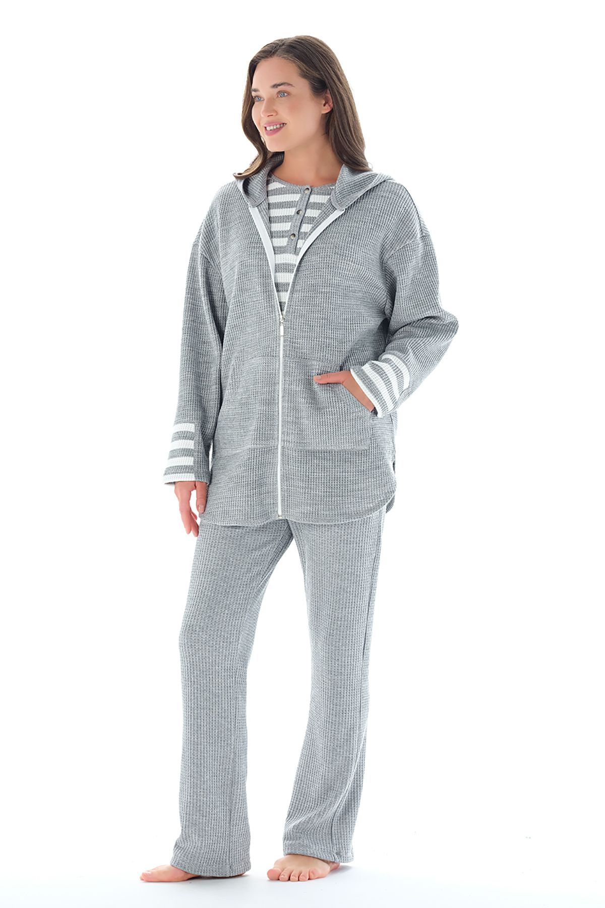 Feyza Pijama Kadın Çizgili Yakası Düğmeli Hırkısa Fermuarlı 3'lü Pijama Takımı