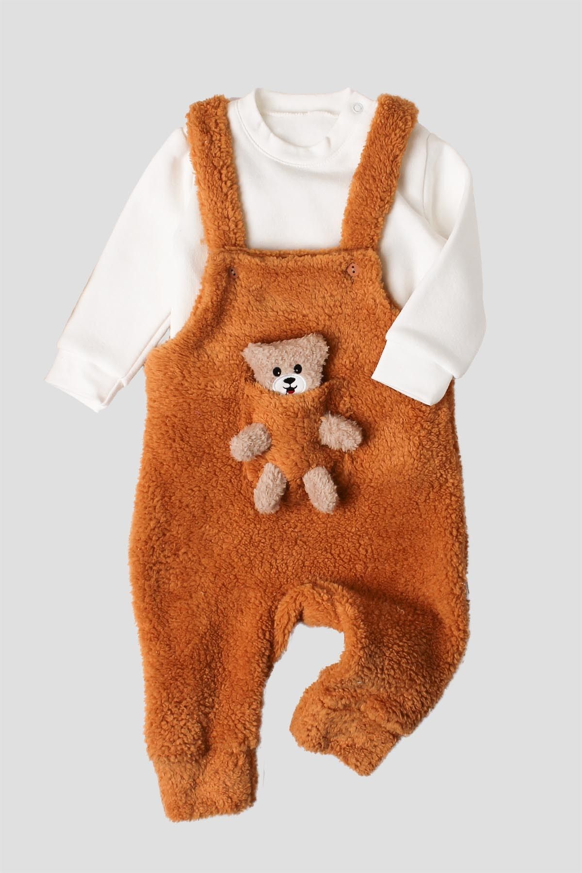 Kidex’s Baby Kışlık Tatlı Peluş İkili Takım Bebek Oyuncaklı Salopet Sweatshirt