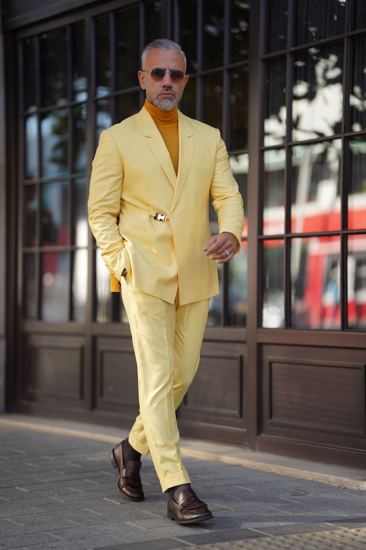Fc Plus Sarı Yandan Aksesuarlı Kruvaze Takım Elbise Slim-fit