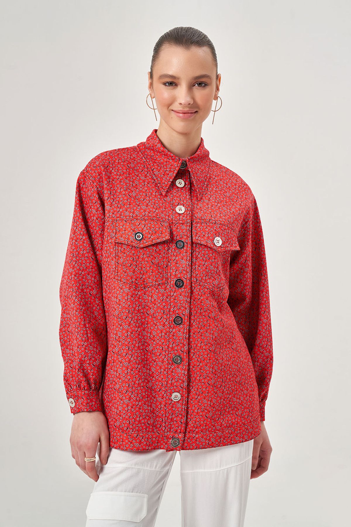 Mizalle Desenli Çıtçıtlı Kırmızı Ceket