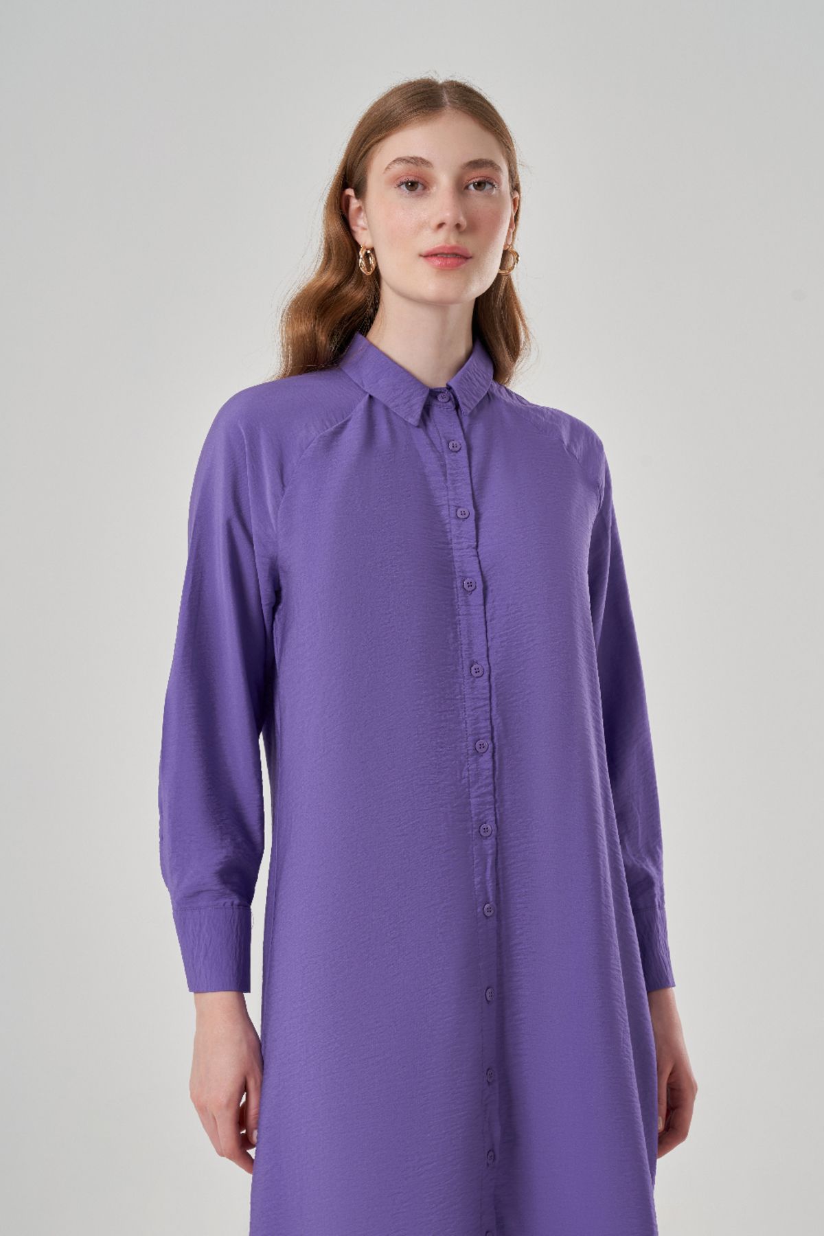 Mizalle Aerobin Düğmeli Mor Gömlek Elbise