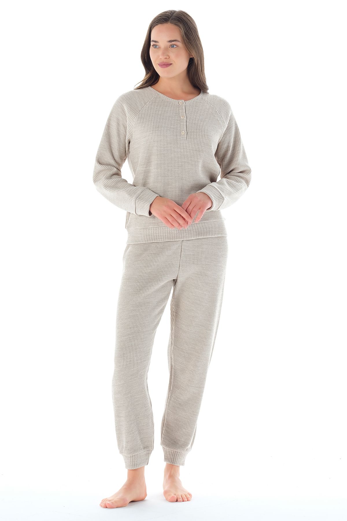 Feyza Pijama Kadın Yakası Düğmeli Petekli Pijama Takımı