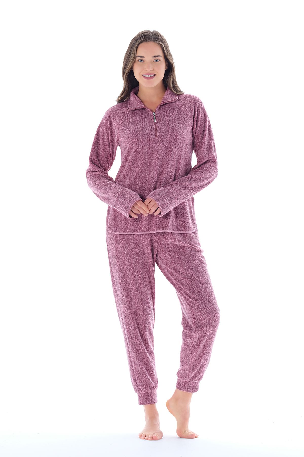 Feyza Pijama Kadın Yakası Fermuarlı Havlu Kumaş Pijama Takımı