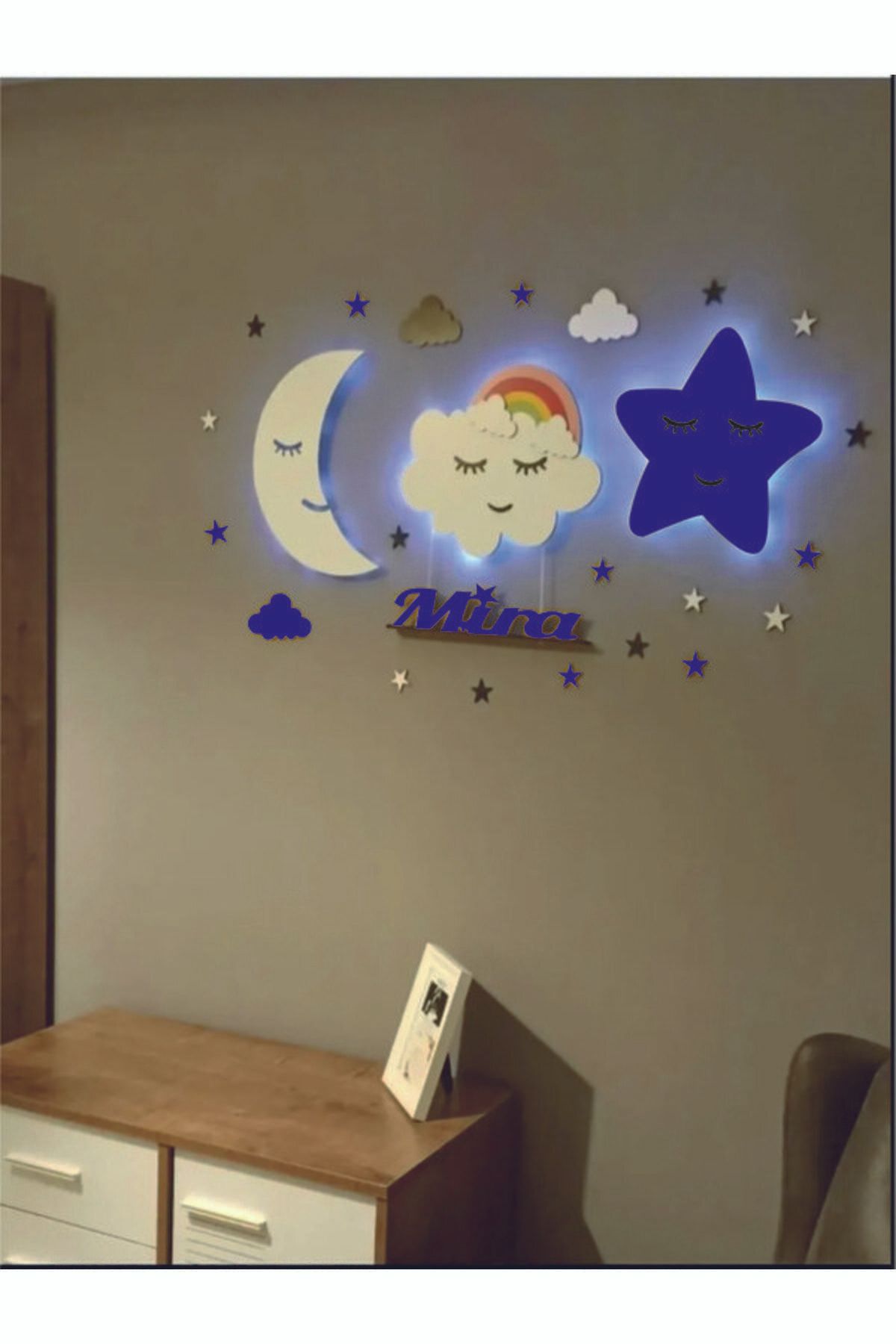 Lowenart Çocuk Odası Dekoratif Ahşap Ay Gökkuşağı Bulut Yıldız Gece Lambası Ledli Aydınlatma