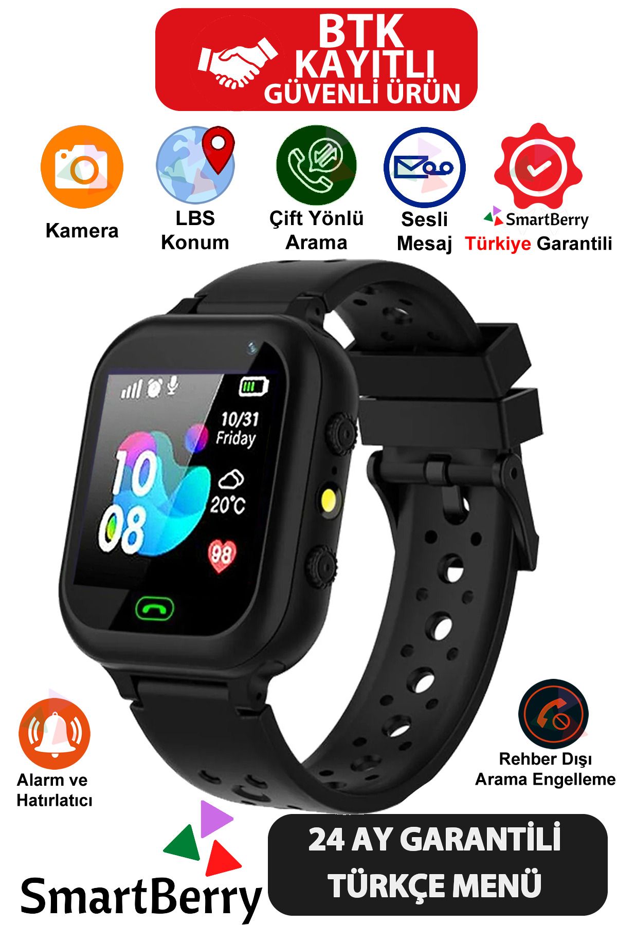 Smartberry Z5 Lbs Konumlu Akıllı Çocuk Takip Saati Sim Kartlı Arama, Kameralı, Gizli Dinleme Özellikli- Siyah