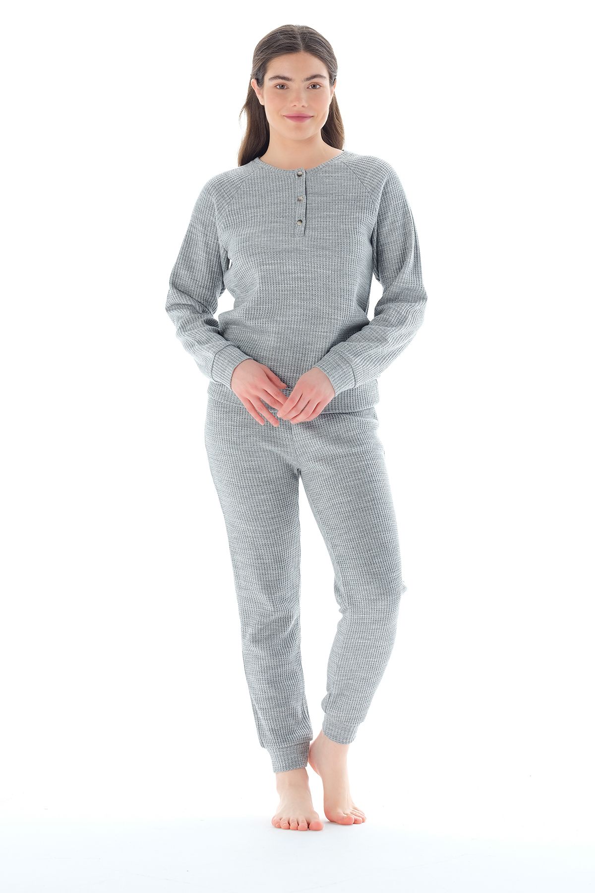 Feyza Pijama Kadın Yakası Düğmeli Petekli Pijama Takımı