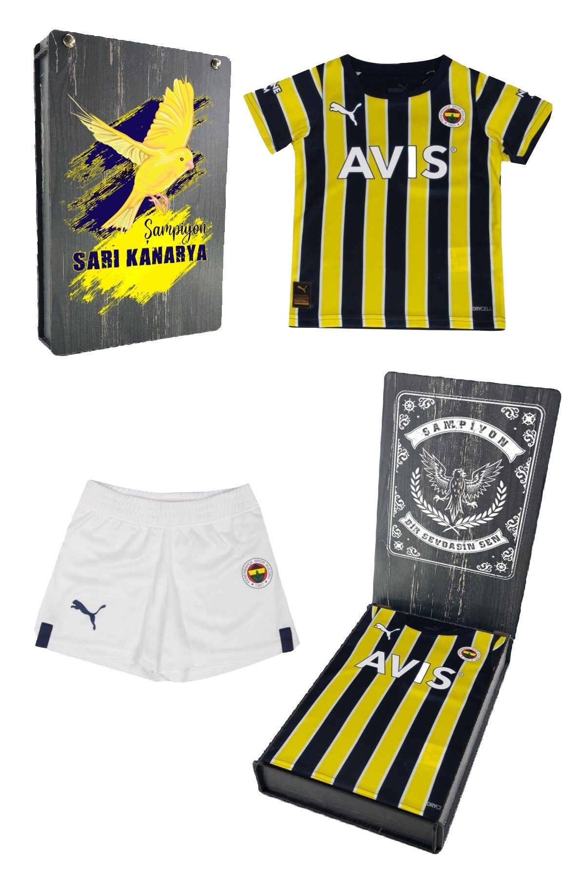 Fenerbahçe Orijinal Çubuklu Çocuk Forma Set Hediyelik Ahşap Kutulu
