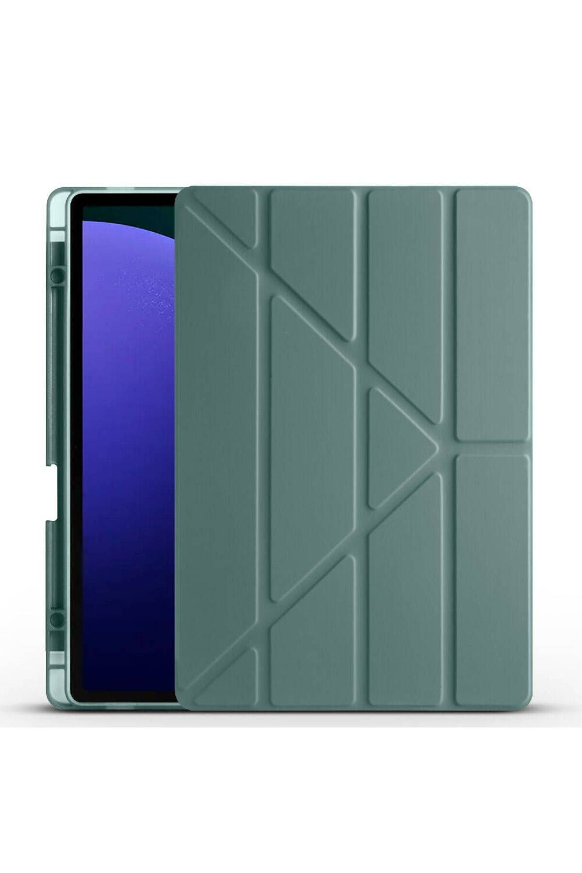 HTstore Galaxy Tab S9 Plus Kılıf Zore Tri Folding Kalem Bölmeli Standlı Kılıf-Koyu yeşil