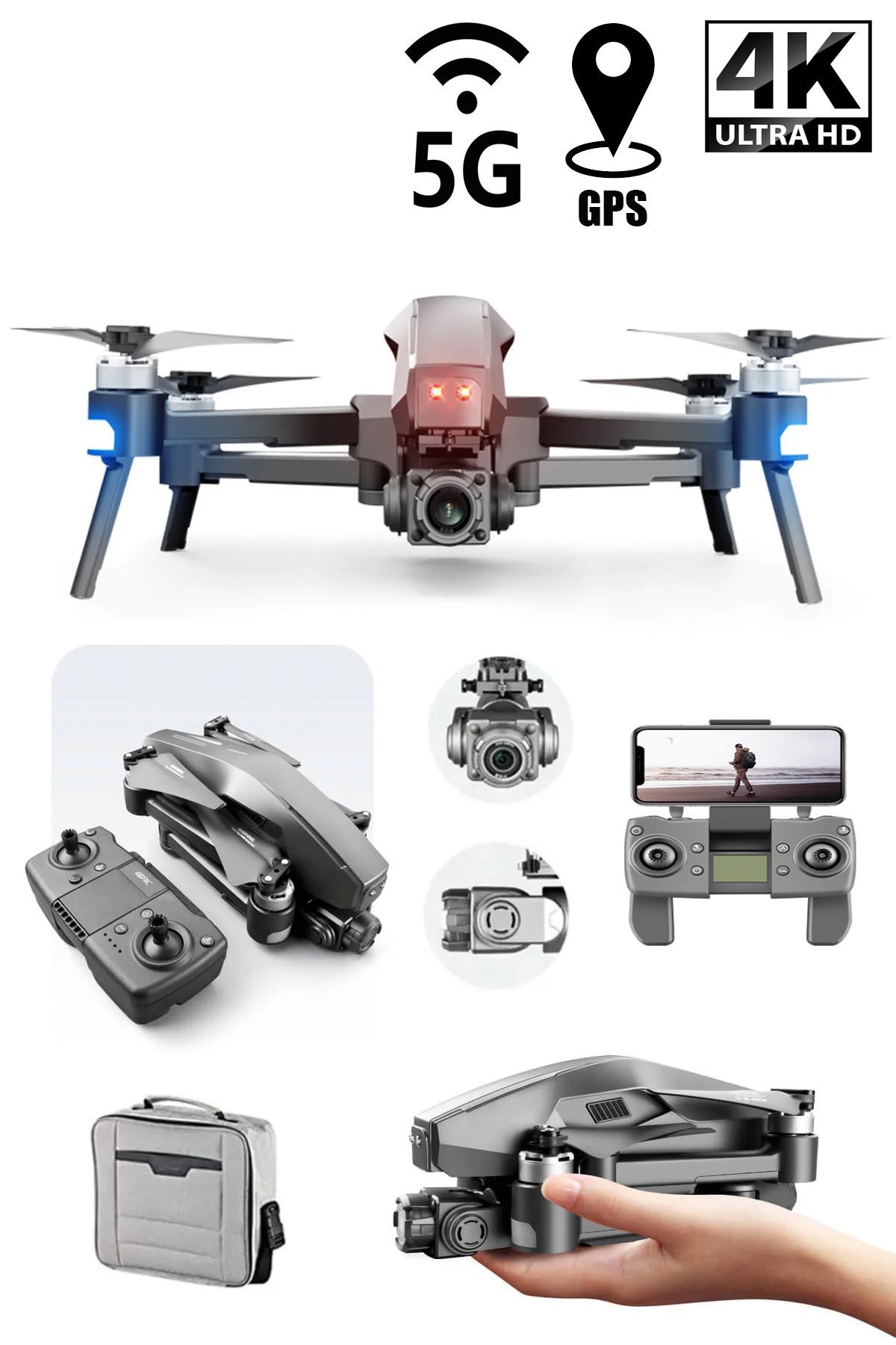 oyuncakgidiyor 4K 5G GPS 3KM Menzil Sarsıntı Önleyici Rüzgar Dirençli RC Drone Katlanabilir Askılı Taşıma Çantalı