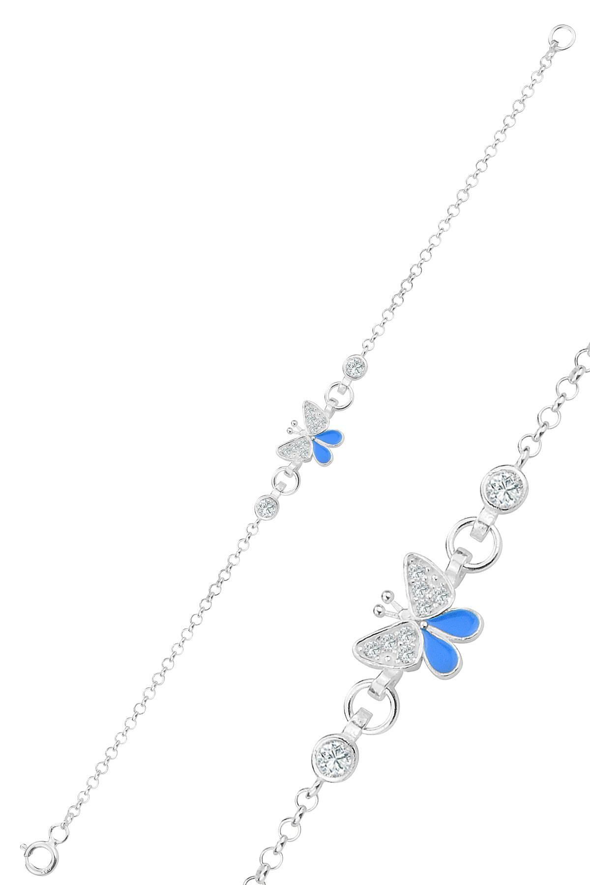 Söğütlü Silver Gümüş zirkon taşlı mavi mineli kelebek modeli çocuk bileklik SGTL12322MAVI