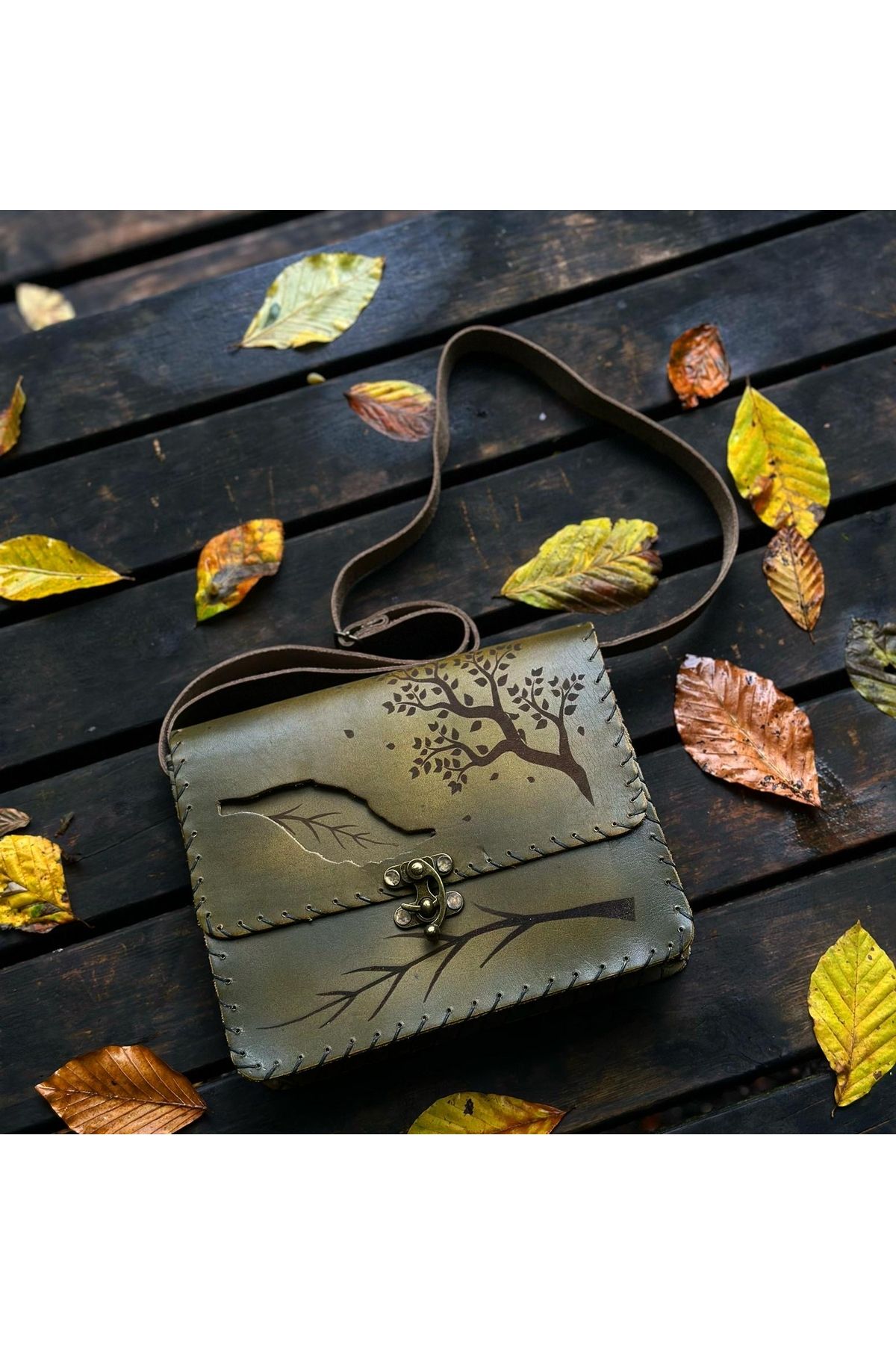 zarif atölye Yaprak motifli el yapımı orijinal etnik hediyelik deri çanta
