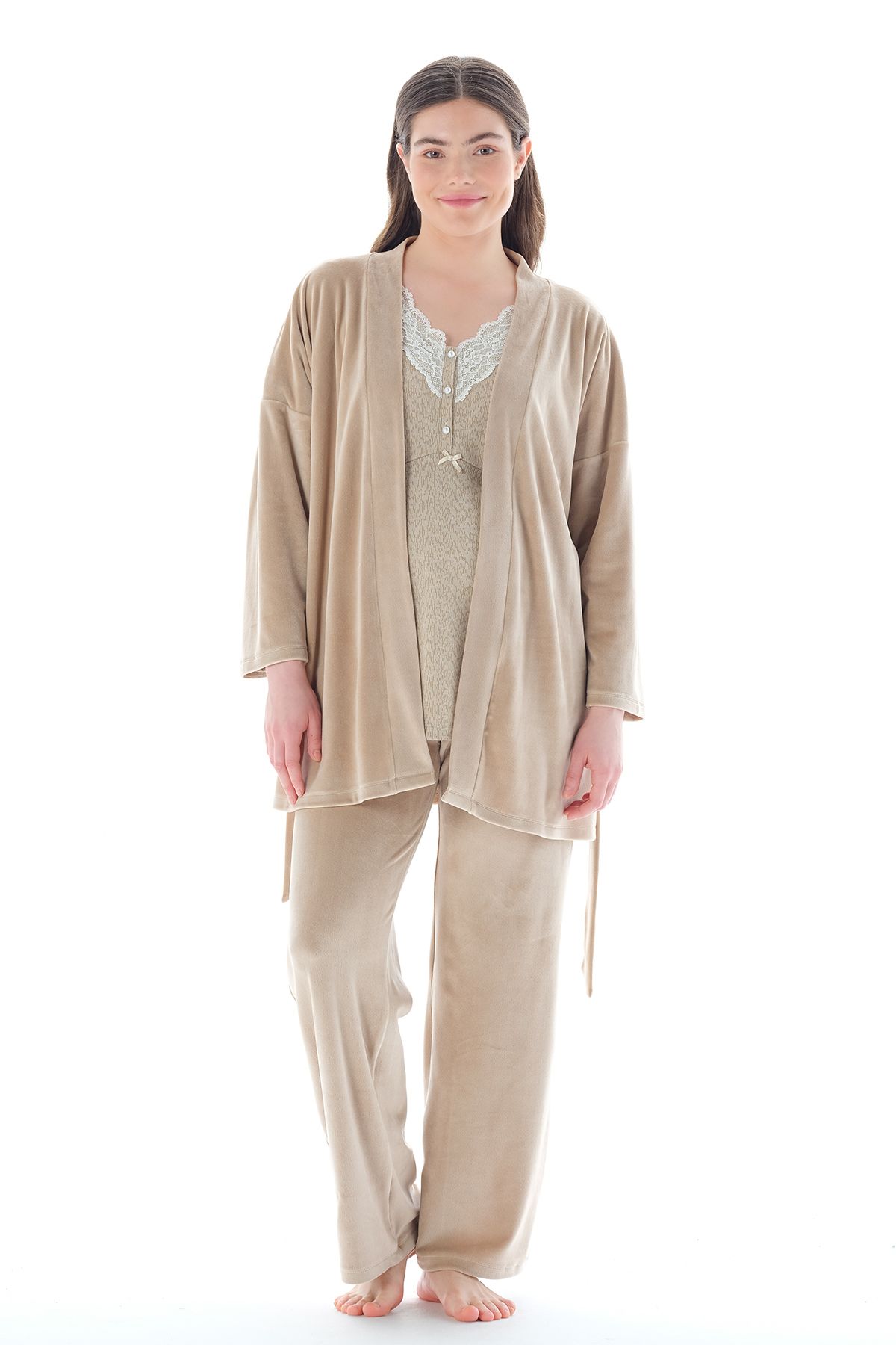 Feyza Pijama Kadın Yakası Düğmeli Dantel Detaylı Belden Kuşaklı Modal 3'lü Lohusa Pijama Takımı