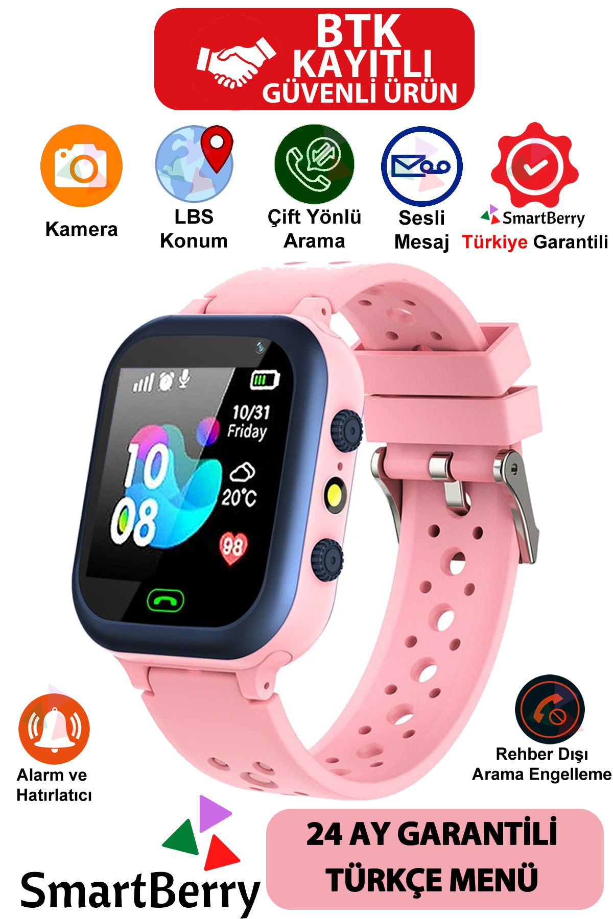 Smartberry Z5 Lbs Konumlu Akıllı Çocuk Takip Saati Sim Kartlı Arama, Kameralı, Gizli Dinleme Özellikli - Pembe