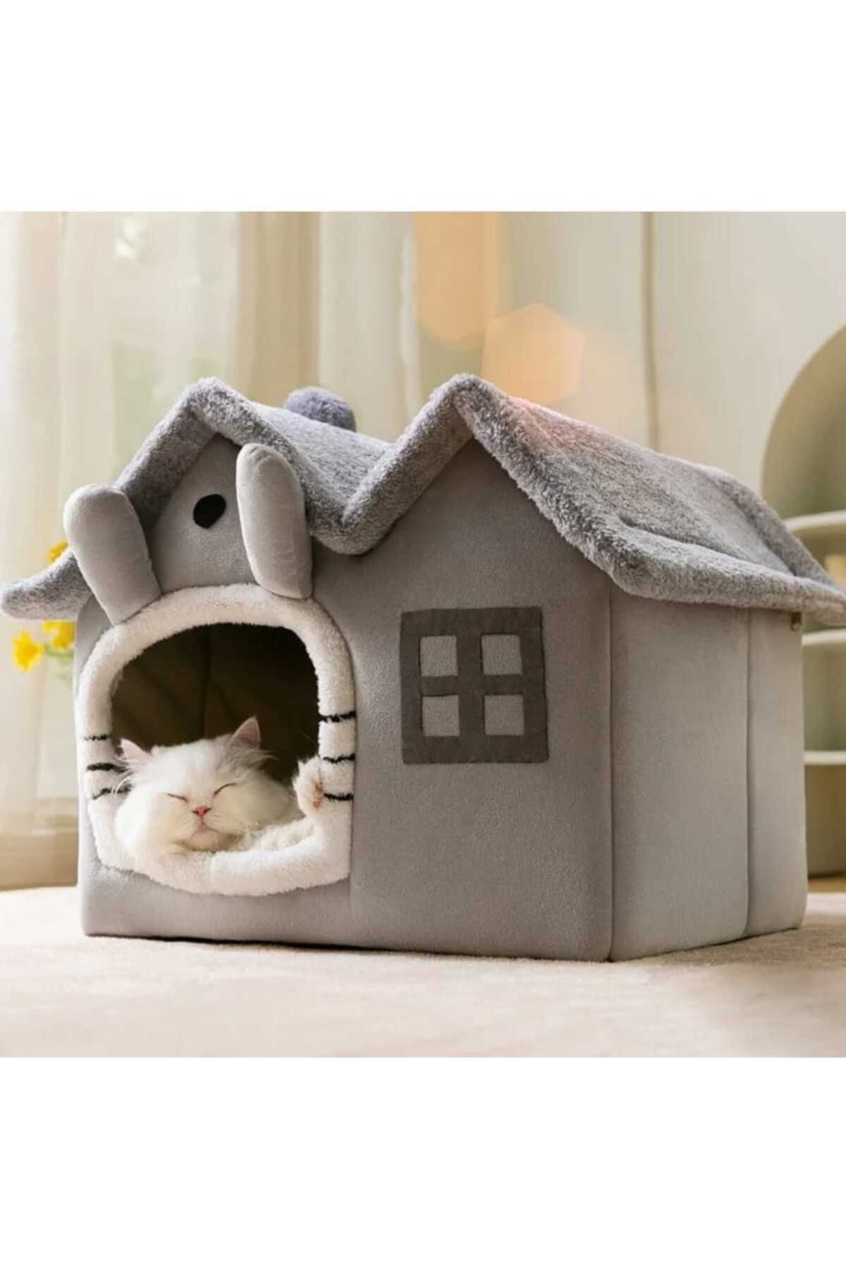 TİNEKE Kedi Evi Yumuşak Kedi Yatağı Derin Uyku Ve Kış Evi Çıkarılabilir Minder -villa (GRİ) 1 Adet