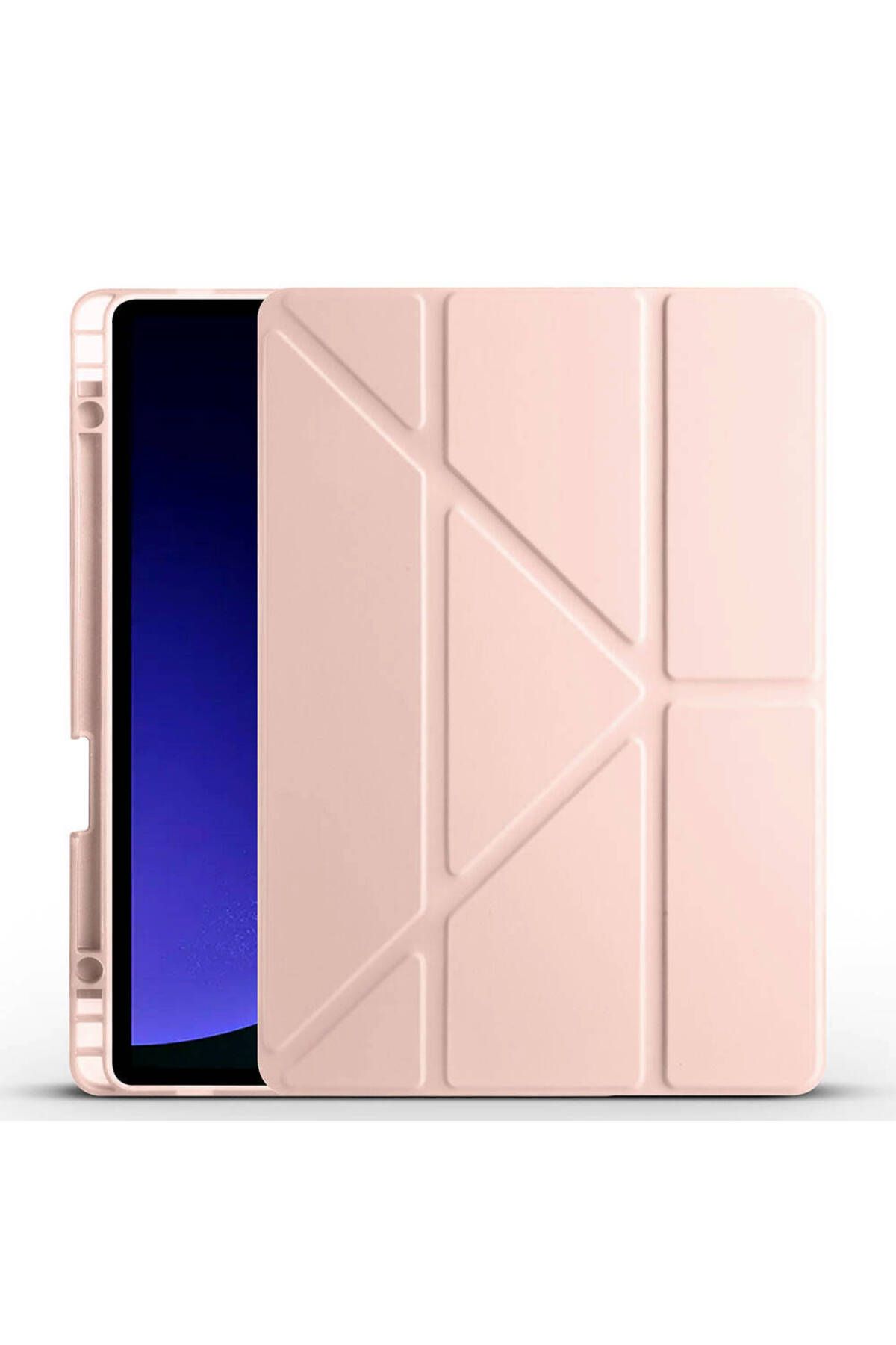 HTstore Galaxy Tab S9 Kılıf Zore Tri Folding Kalem Bölmeli Standlı Kılıf-Rose gold