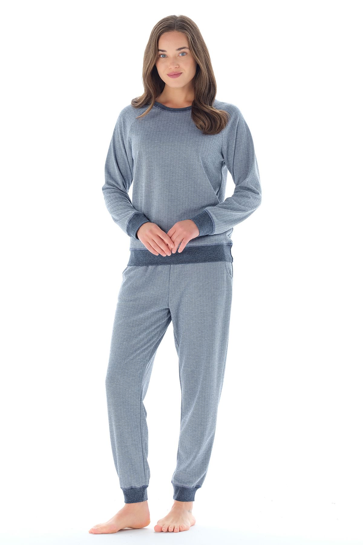 Feyza Pijama Kadın Kayık Yaka Balık Sırtı Desenli Pijama Takımı