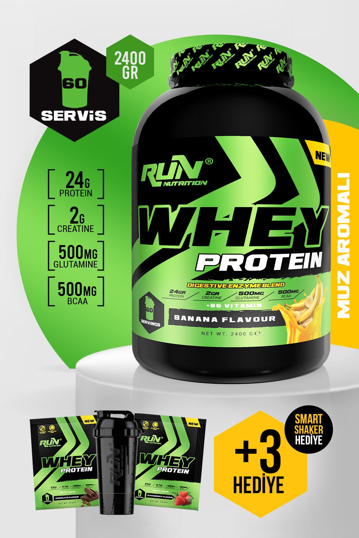 Run Nutrition Whey Protein - 2.4 Kg - MUZ Aromalı - 60 Servis - Hediyeli