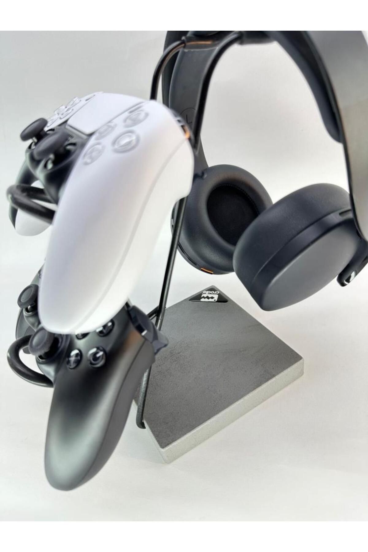 Crodle Gri Ahşap Ve Siyah Metal Gaming Ps4 Ps5 Xbox Joystick Kontroller Tutucu Ve Kulaklık Dikey Standı