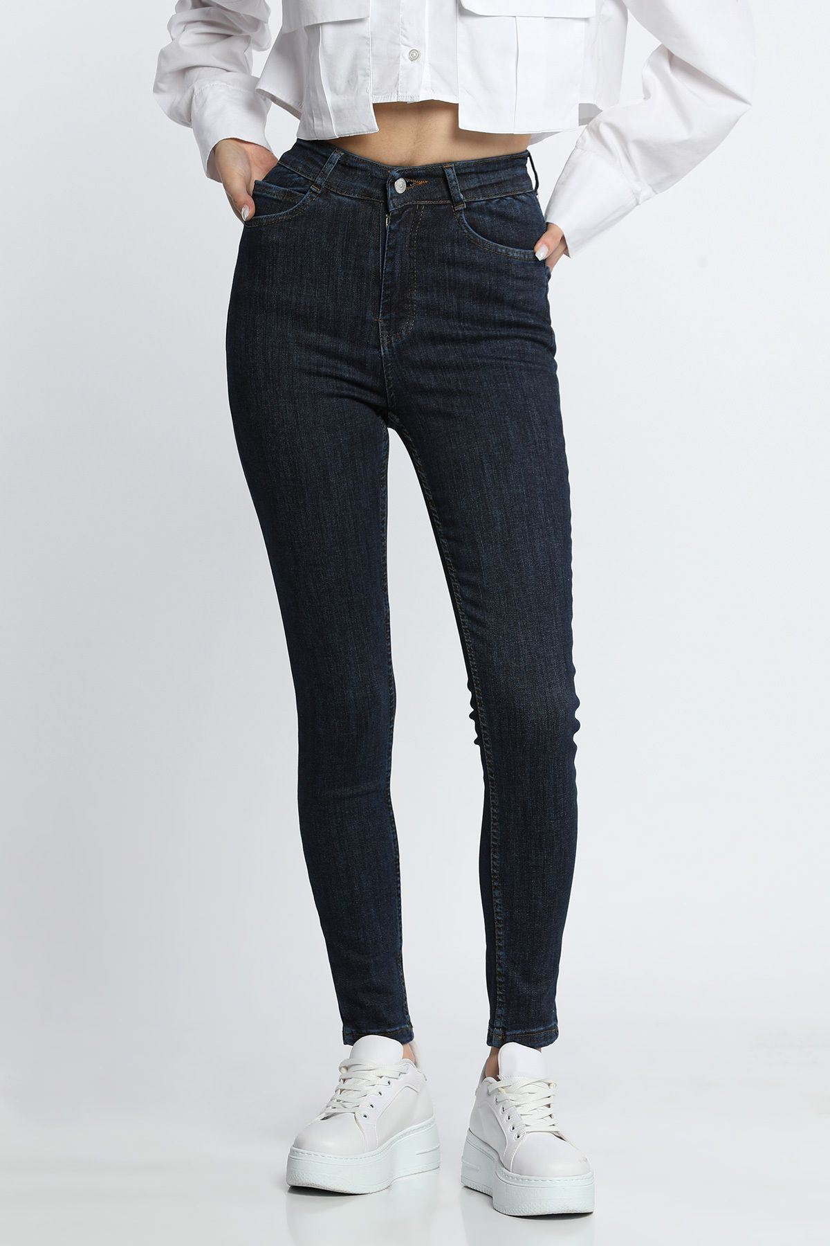 Julude Lacivert Kadın Yüksek Bel Likralı Jeans Pantolon