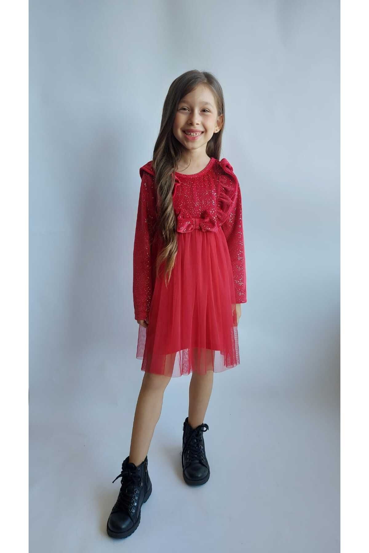 QUB CLUB Kız Çocuk Noel Yılbaşı Kırmızı Pullu Tüllü Kadife Elbise Detay Videoda