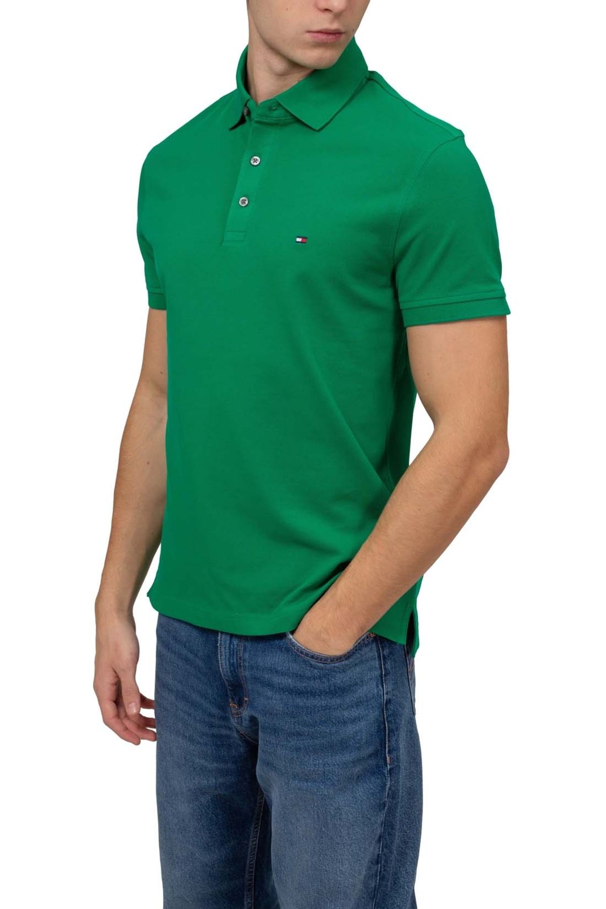 Tommy Hilfiger Erkek Pamuklu Polo Yakalı Düğme Kapamalı Kısa Kollu Yeşil Polo Yaka T-Shirt