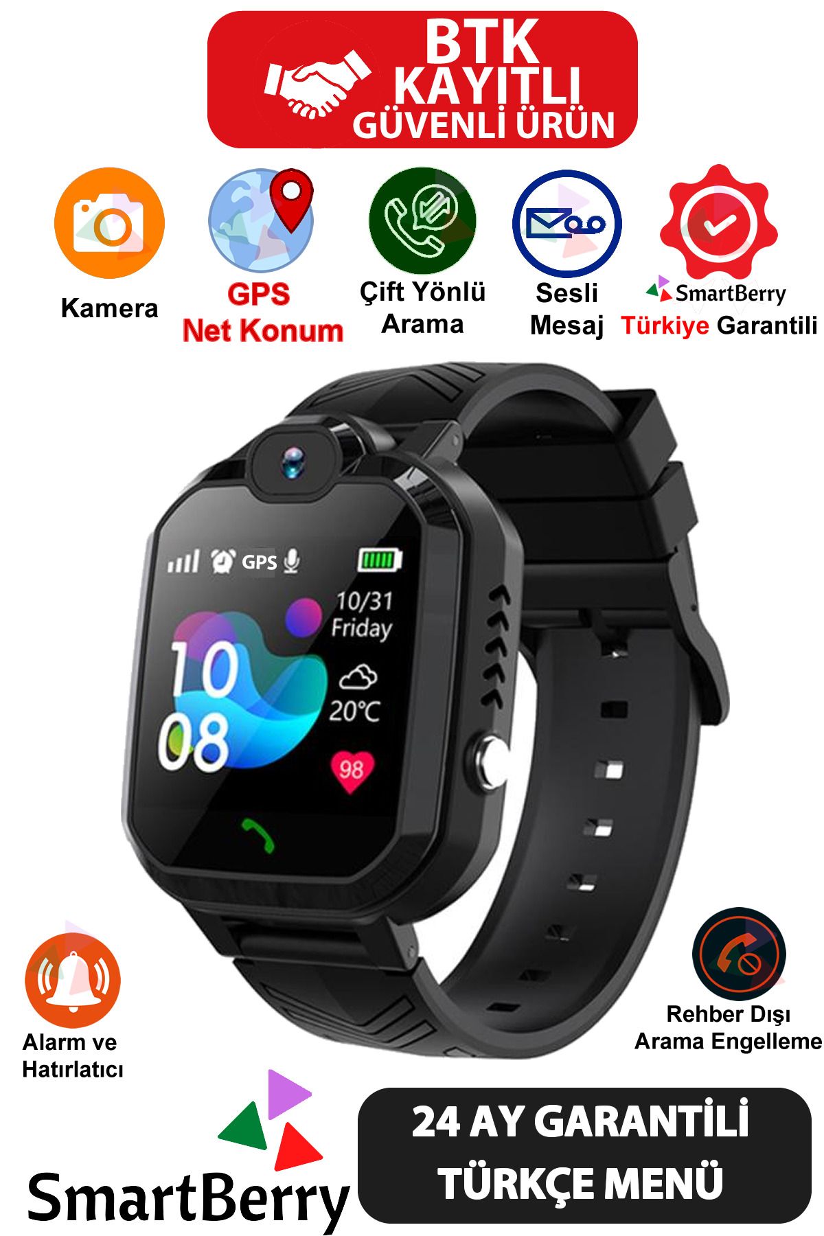Smartberry Q20 GPS Konumlu Akıllı Çocuk Takip Saati Sim Kartlı Arama, Kameralı, Gizli Dinleme Özellikli - Siyah