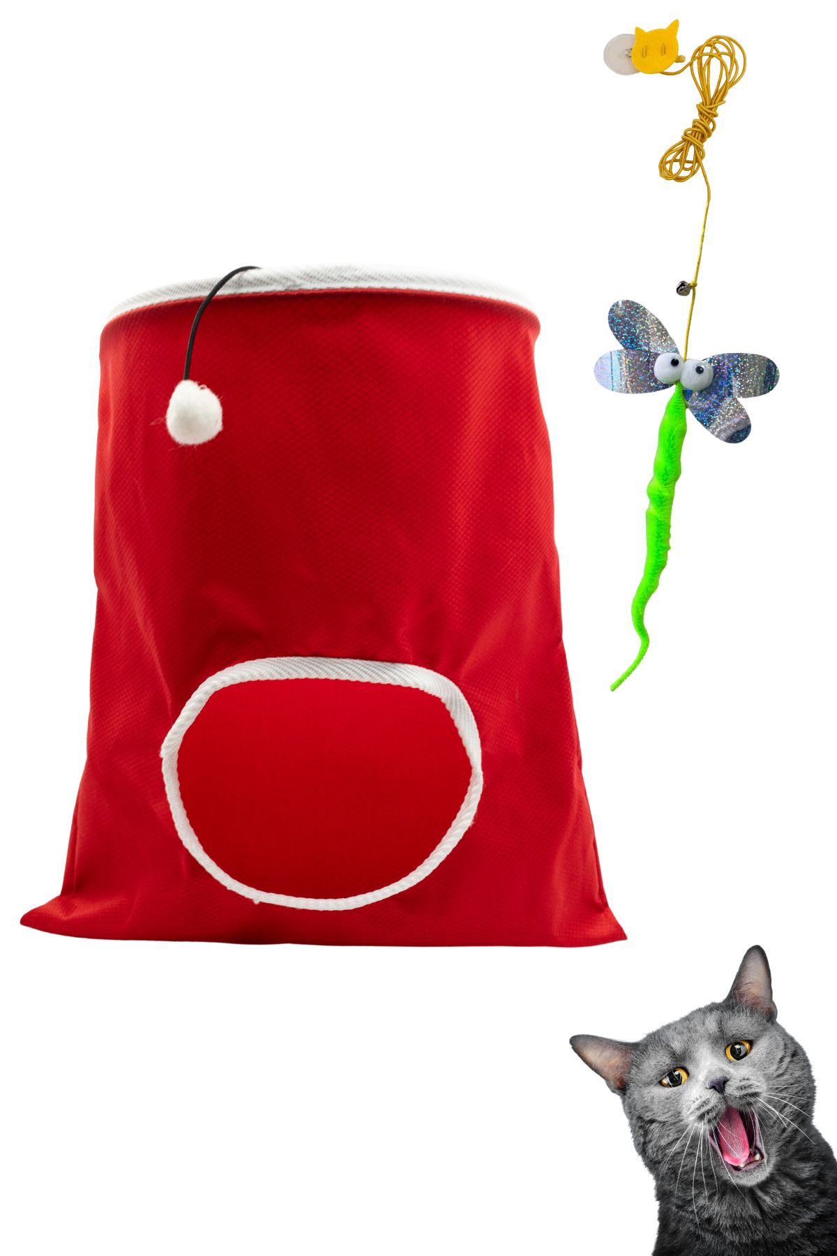 Havhav Miyav Oyuncak Seti: Kırmızı Renkli Kedi Oyun Çuvalı ve Ses Çıkaran Kedi Oyun Oltası