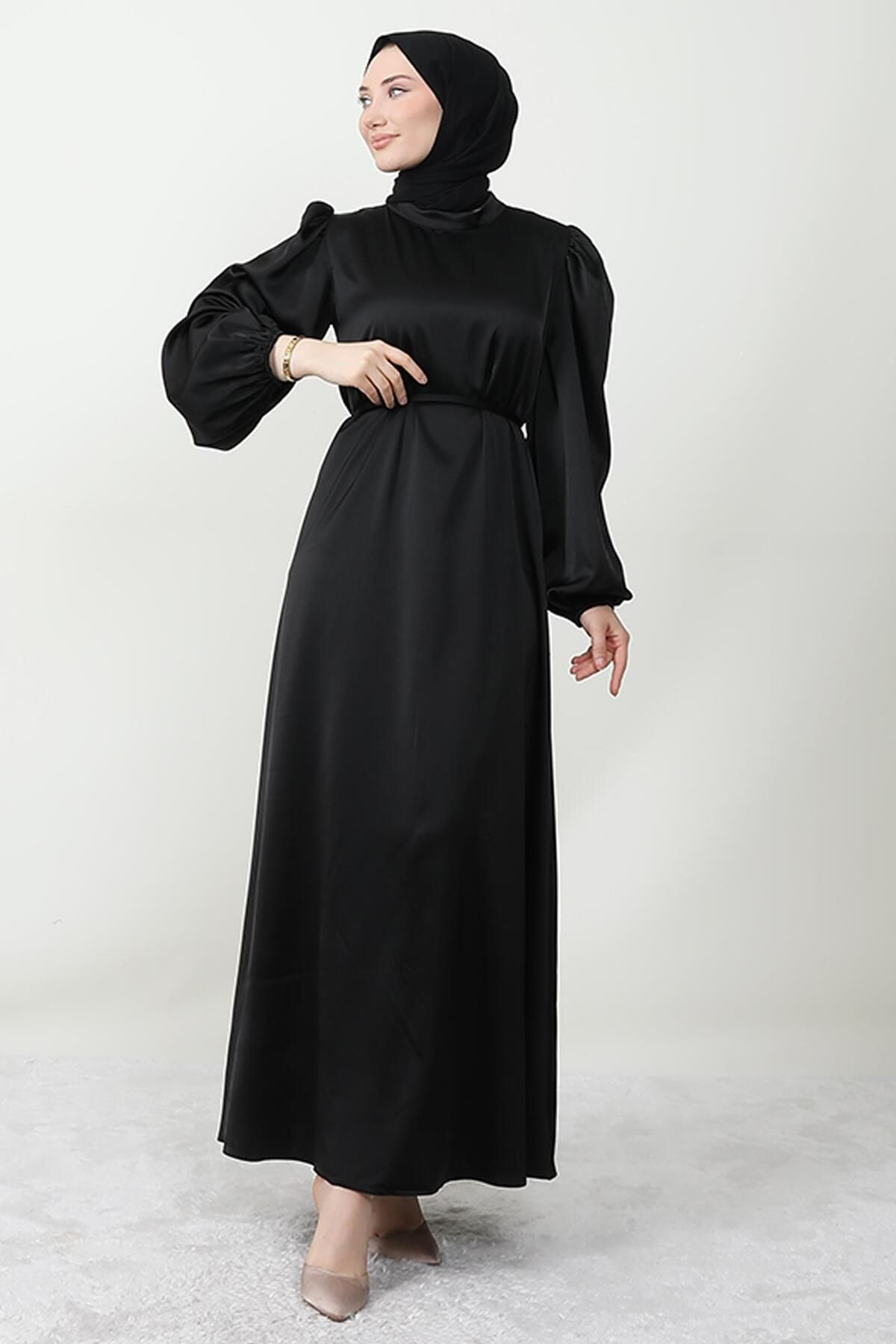 Giza Giyim İnce Kuşaklı Saten Elbise Siyah