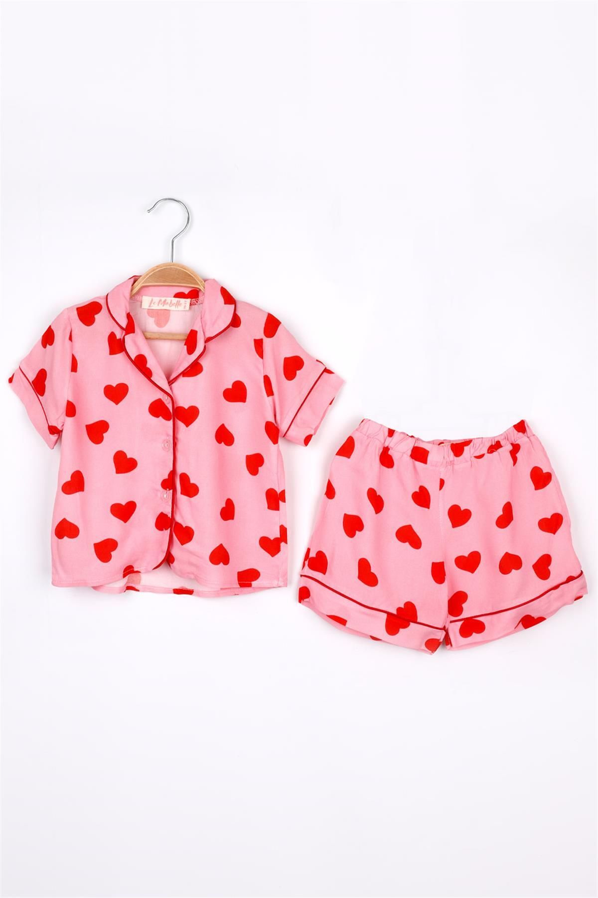 Le Mabelle Pembe Kalp Desenli Biyeli Kız Çocuk Pijama Takımı
