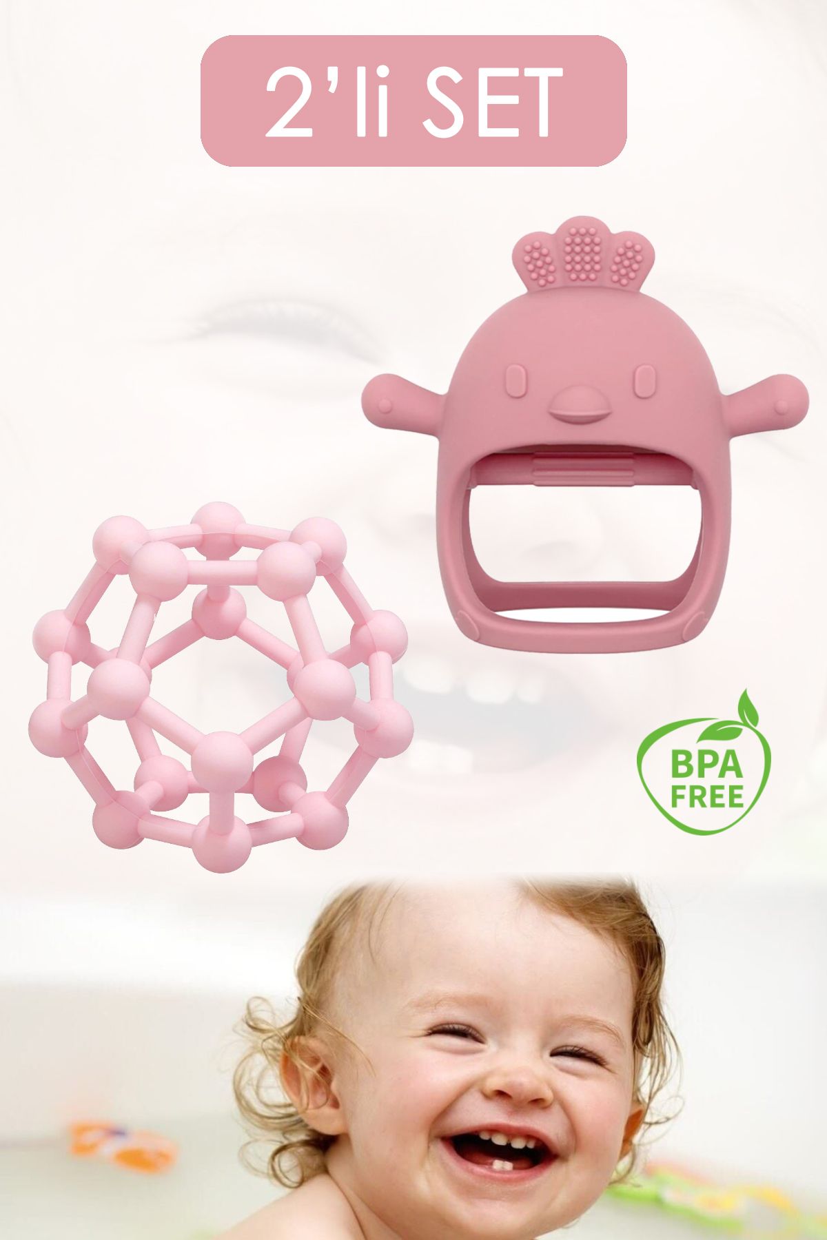Meleni Baby 2'li Bebek Dişlik Seti - Diş Kaşıyıcı El Topu - Silikon Bebek Diş Kaşıma Eldiveni Pembe