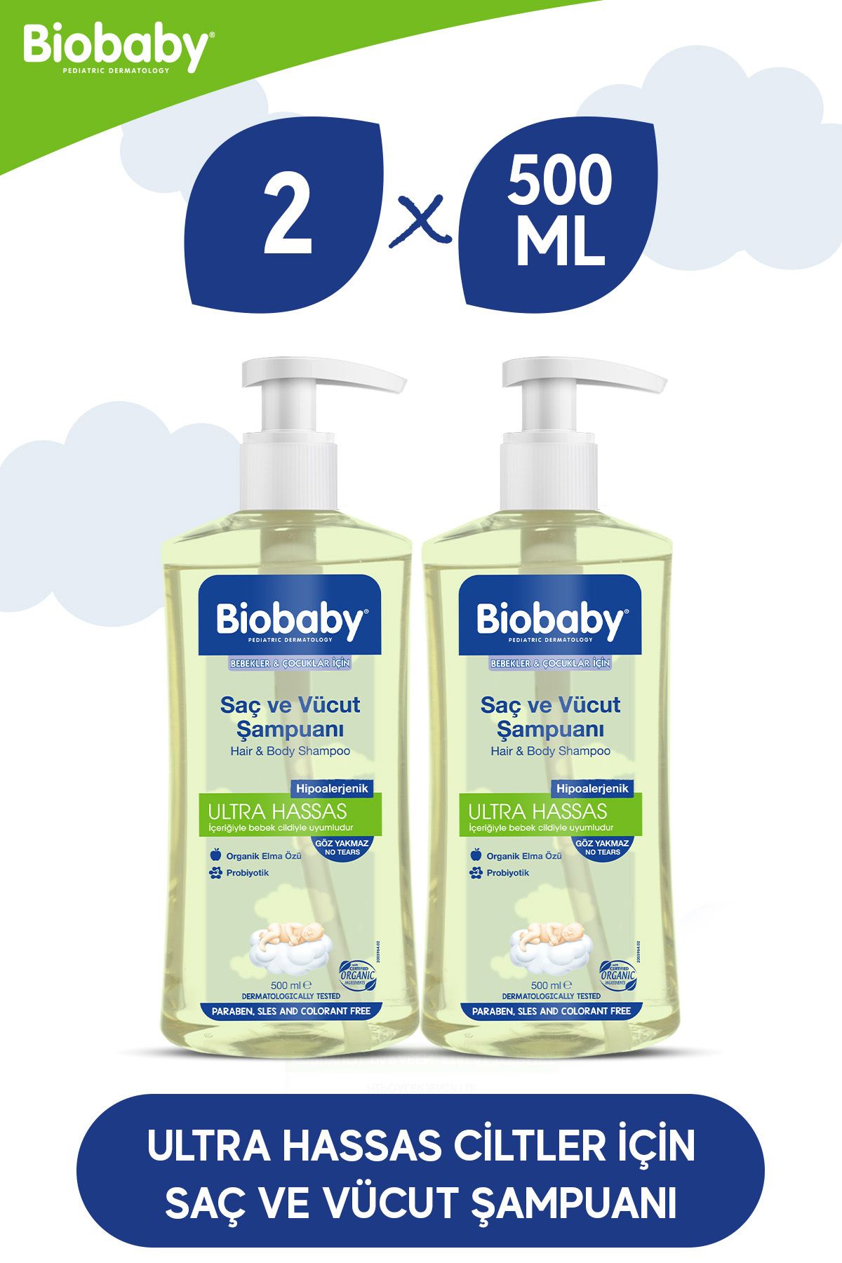 Biobaby Ultra Hassas Saç Ve Vücut Şampuanı 500 ml Prebiyotik Allman Papatyası - Organik Içerik 2 Li Set