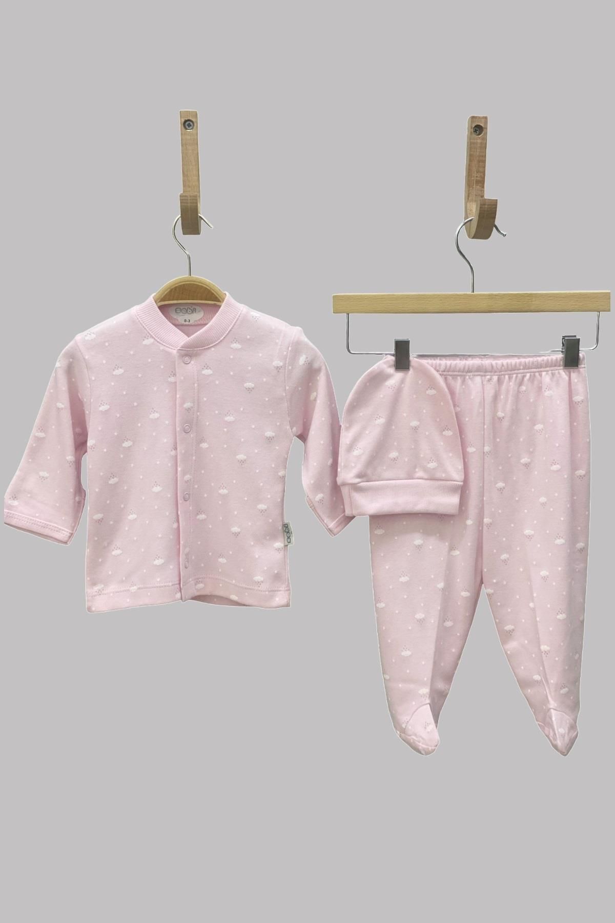 Sebi Bebe Mojo Unisex Bebek Bulut Desenli Şapkalı Çıtçıtlı Pijama Takımı 2253 Pembe