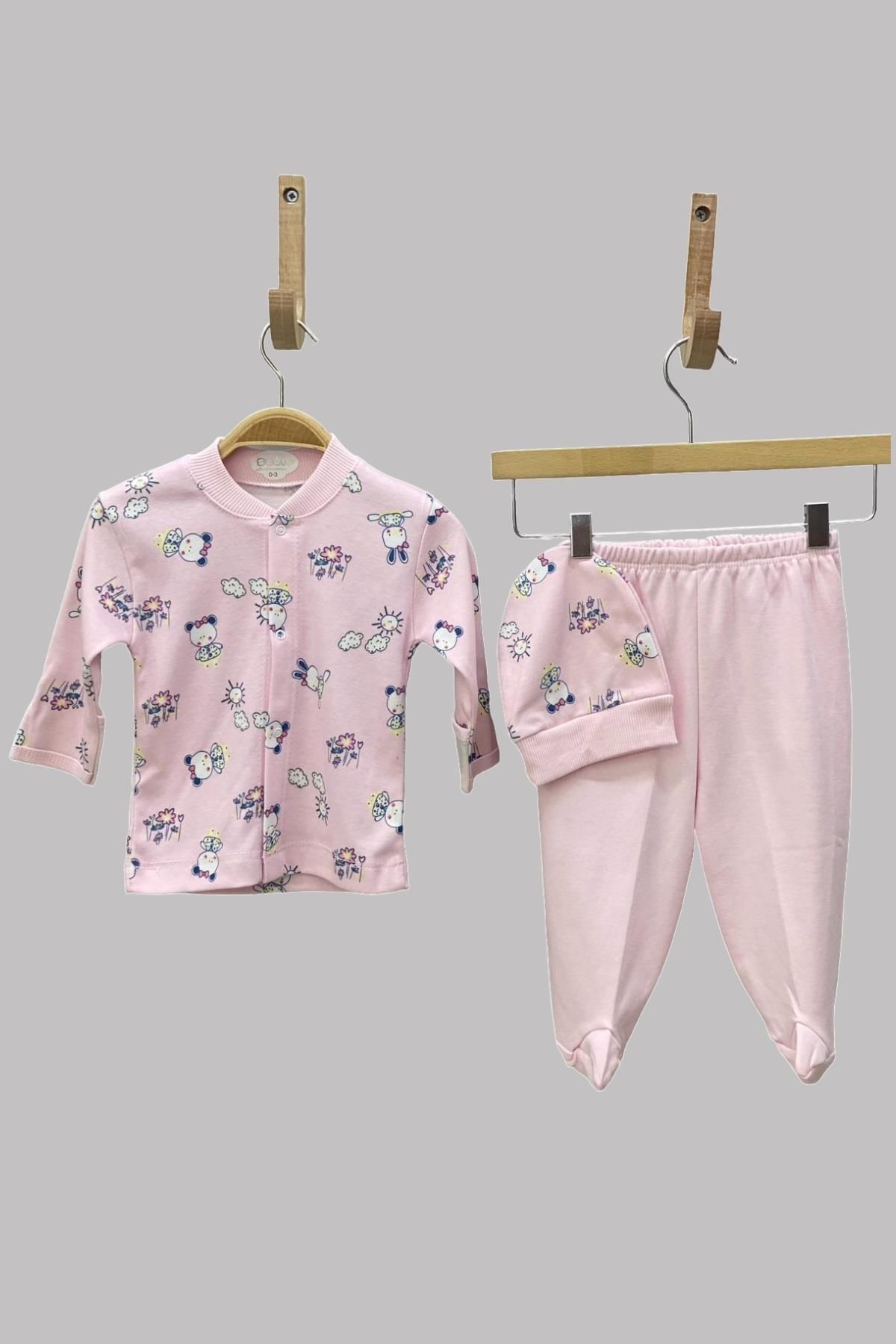 Sebi Bebe Mojo Kız Bebek Ayı Desenli Şapkalı Çıtçıtlı Pijama Takımı 2266 Pembe