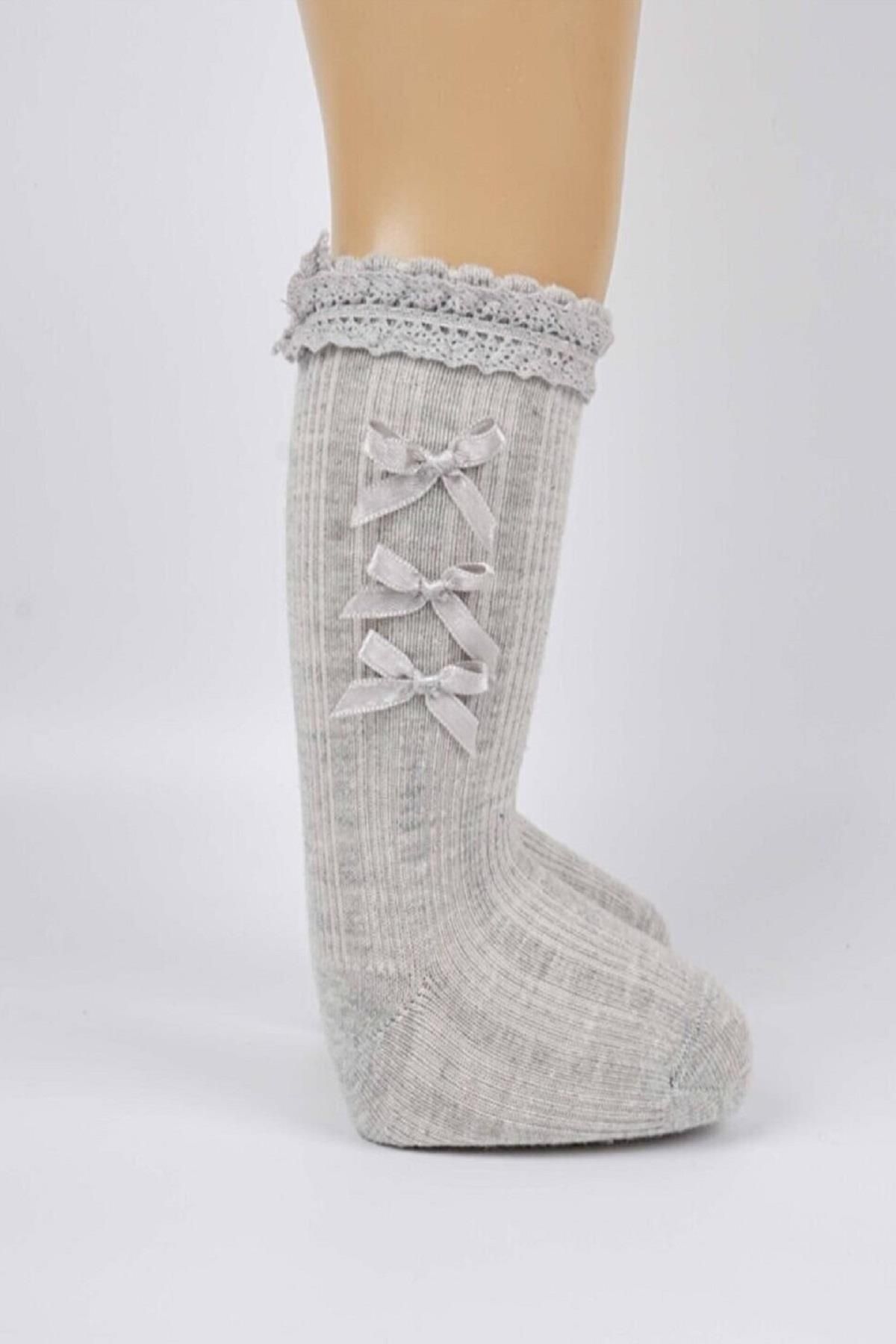 Katamino Kız Bebek Kurdeleli Diz Altı Çorap K12038 Gri