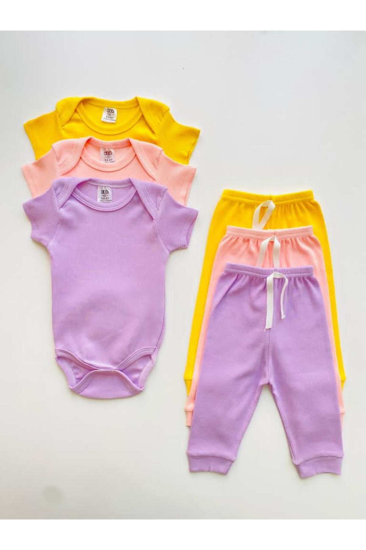 EFU BABY 3'lü %100 Pamuklu Kısa Kol Bebek Body Pantolon Takım