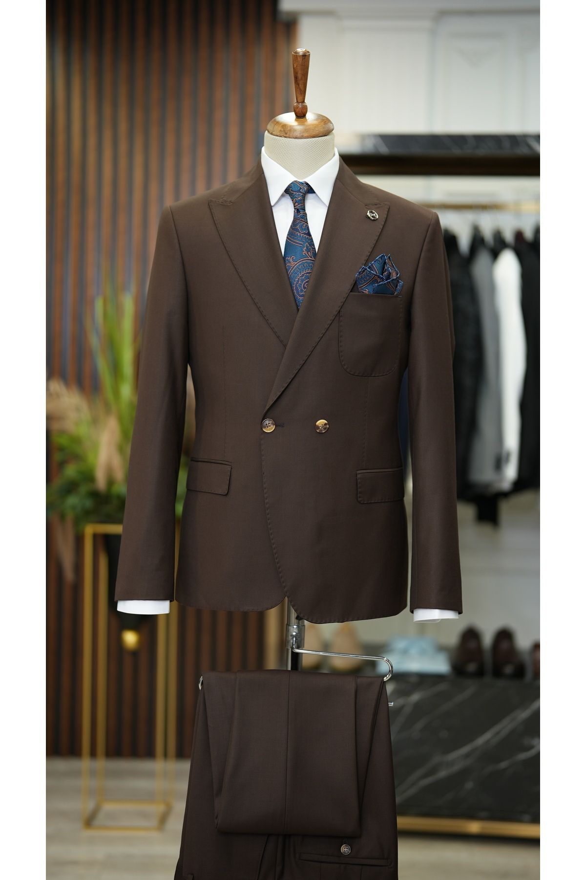 LONATOLİA Erkek Premium Kruvaze Takım Elbise İtalyan Kesim Slim Fit Ceket Pantolon-Acı Kahve