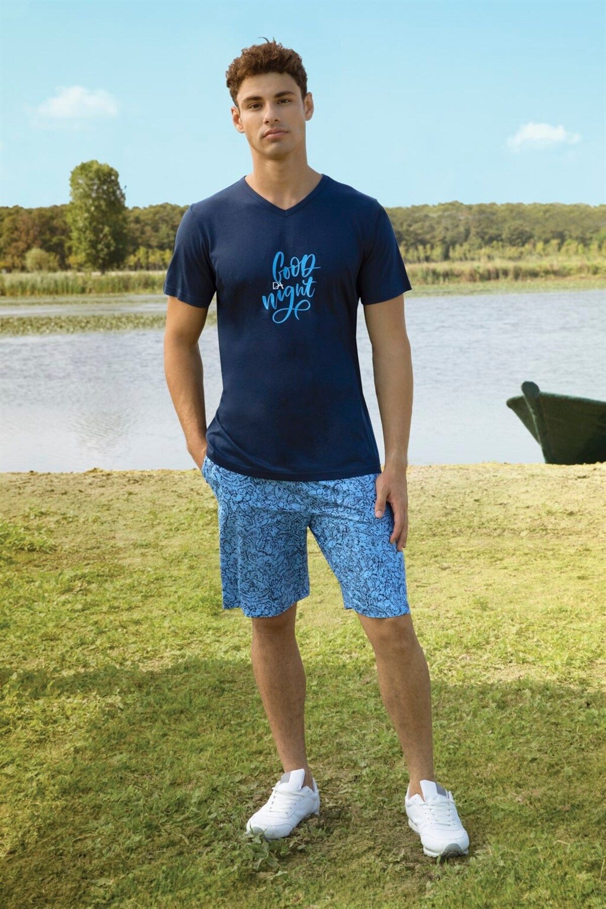 Doreanse Erkek Mavi Desen Baskılı T-shirt Şort Pijama Takımı 4923