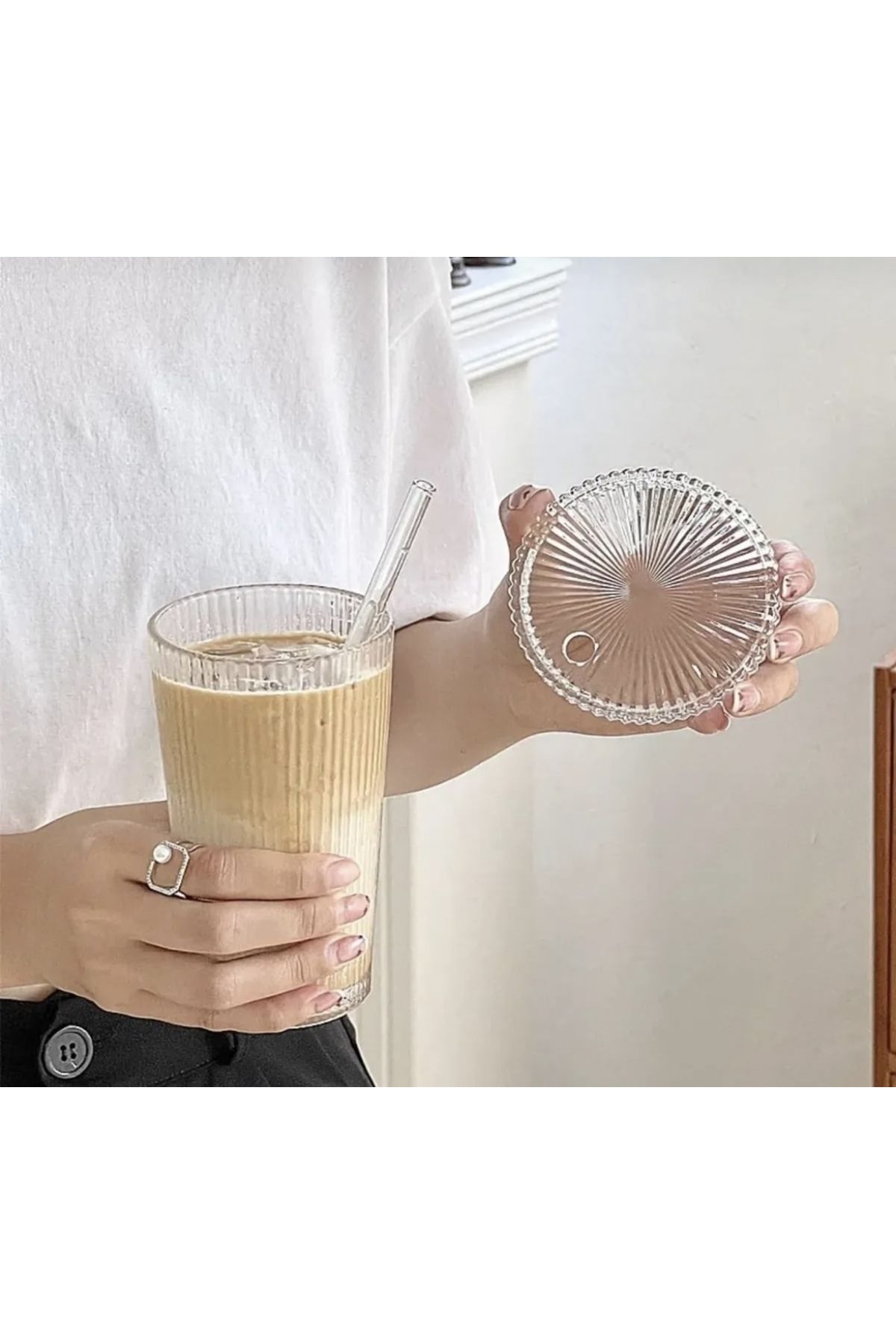 Atelier by Ece Şeritli Origami Mika Kapaklı Pipetli Soğuk Kahve Meşrubat Bardağı