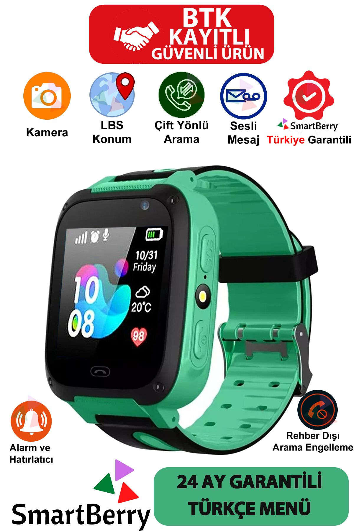 Smartberry Z4 Lbs Konumlu Akıllı Çocuk Takip Saati Sim Kartlı Arama, Kameralı, Gizli Dinleme Özellikli - Yeşil