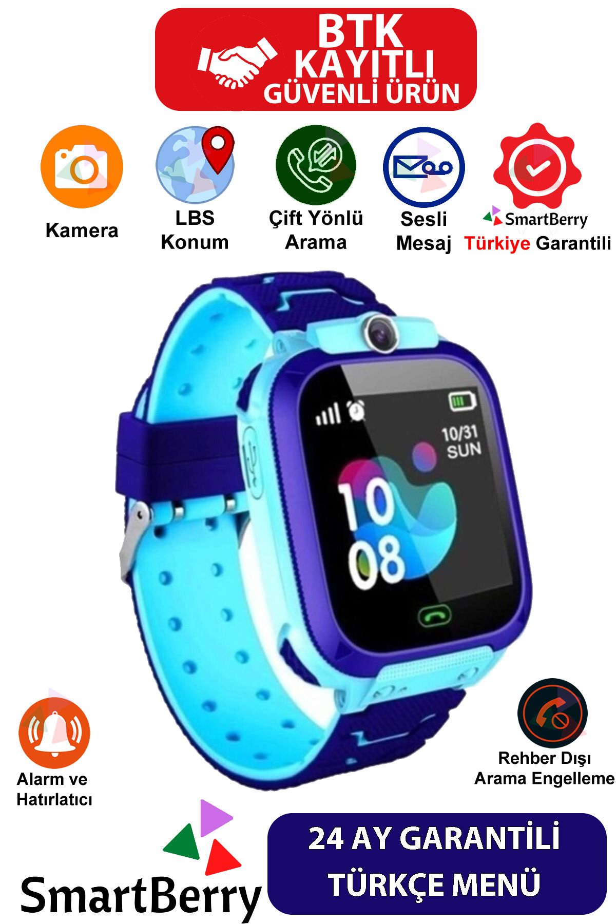Smartberry Çocuk Konum Takipli Sim Kart Girişli Lbs Ve Sos Özellikli Akıllı Saat - Koyu Mavi