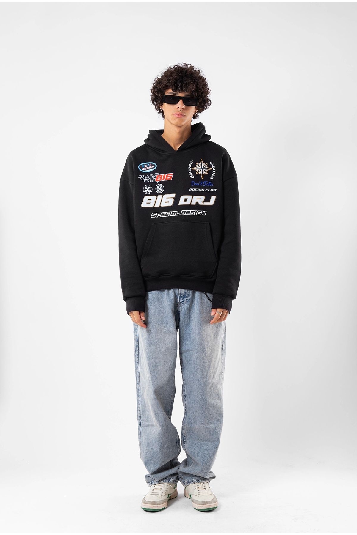 Sekizbiraltı 816 Racing Baskılı Oversize Unisex Siyah Hoodie