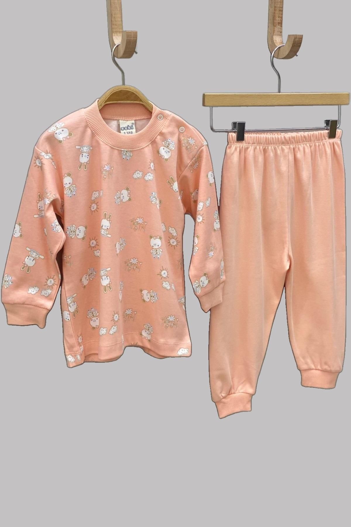 Sebi Bebe Mojo Kız Bebek Ayı Ve Tavşan Desenli Pijama Takımı 2418 Somon
