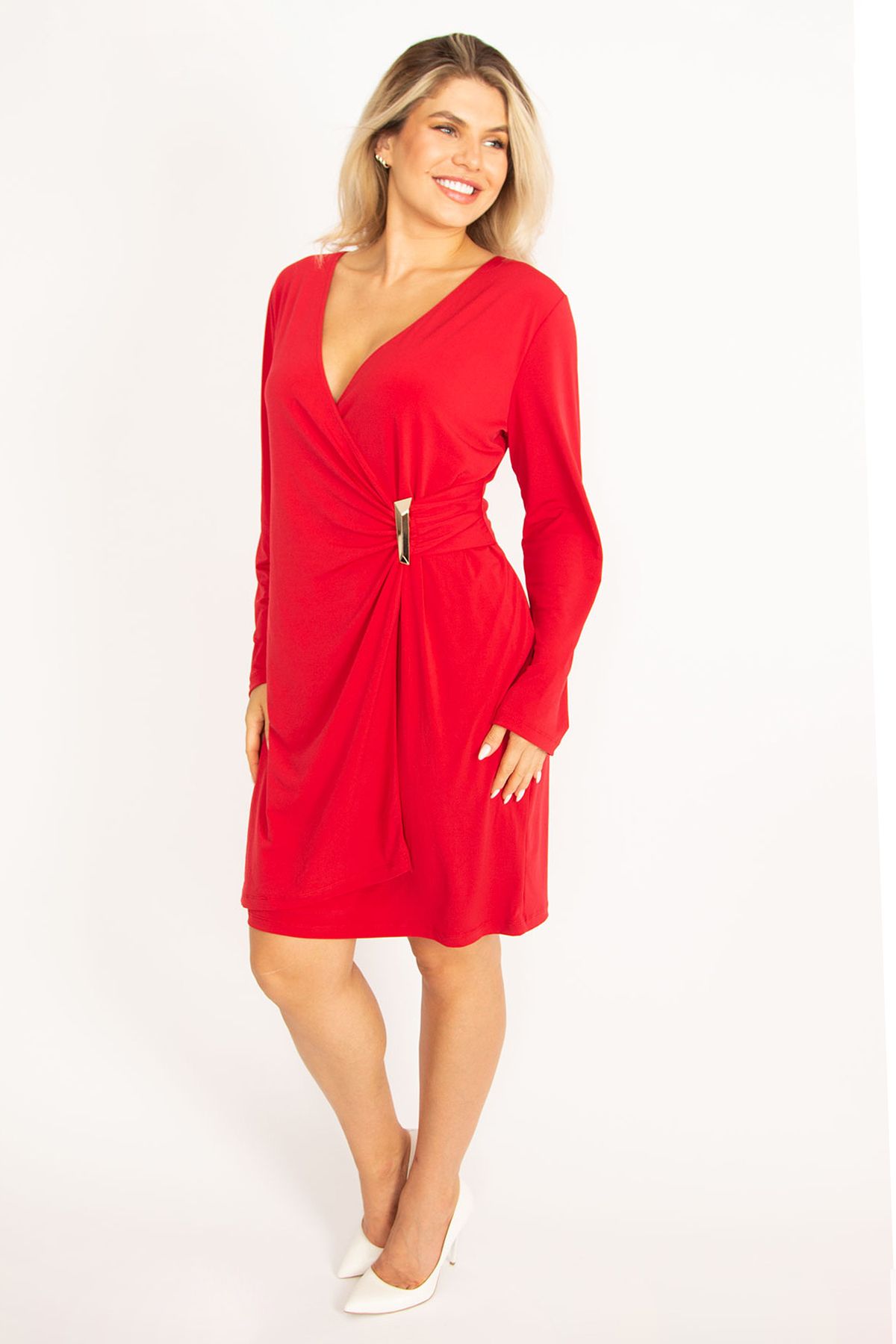 Şans Kadın Büyük Beden Kırmızı Beli Metal Tokalı Kapalı Anvelop Elbise 65N37441