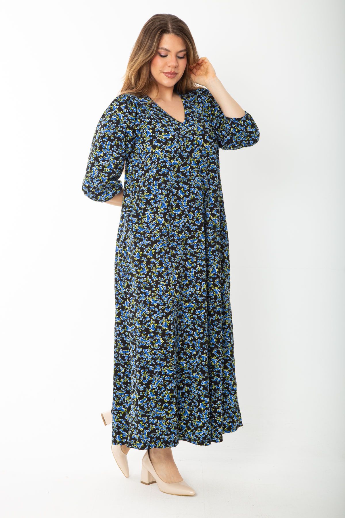 Şans Kadın Büyük Beden Mavi V Yakalı Önü A Pileli Kol Ağzı Lastik Detaylı Elbise 65N37439