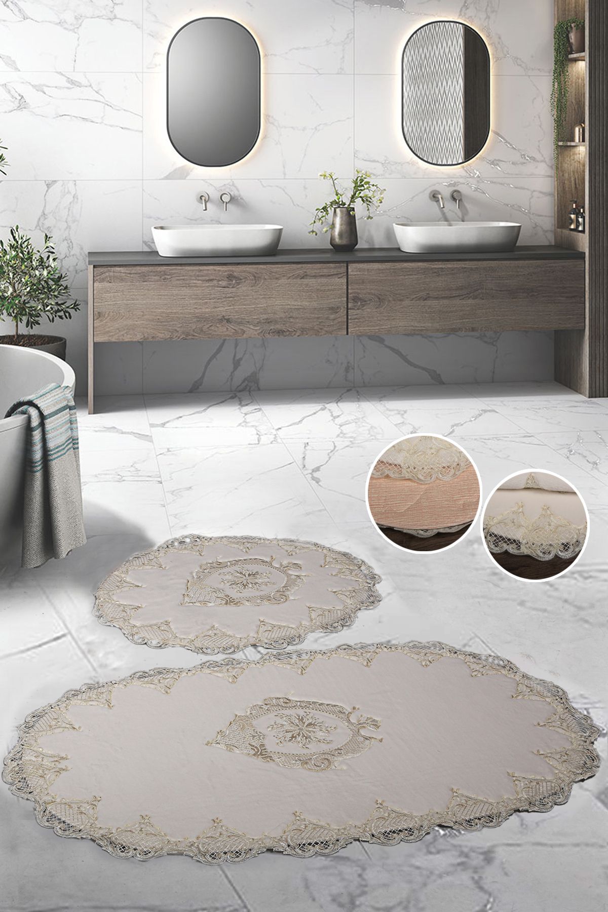 Sırmalı Home Helena Fransız Güpürlü Büyük Ebat Krem 2'li Banyo Ve Salon Paspas Takımı Çeyizlik 70x120 Ve 60x70