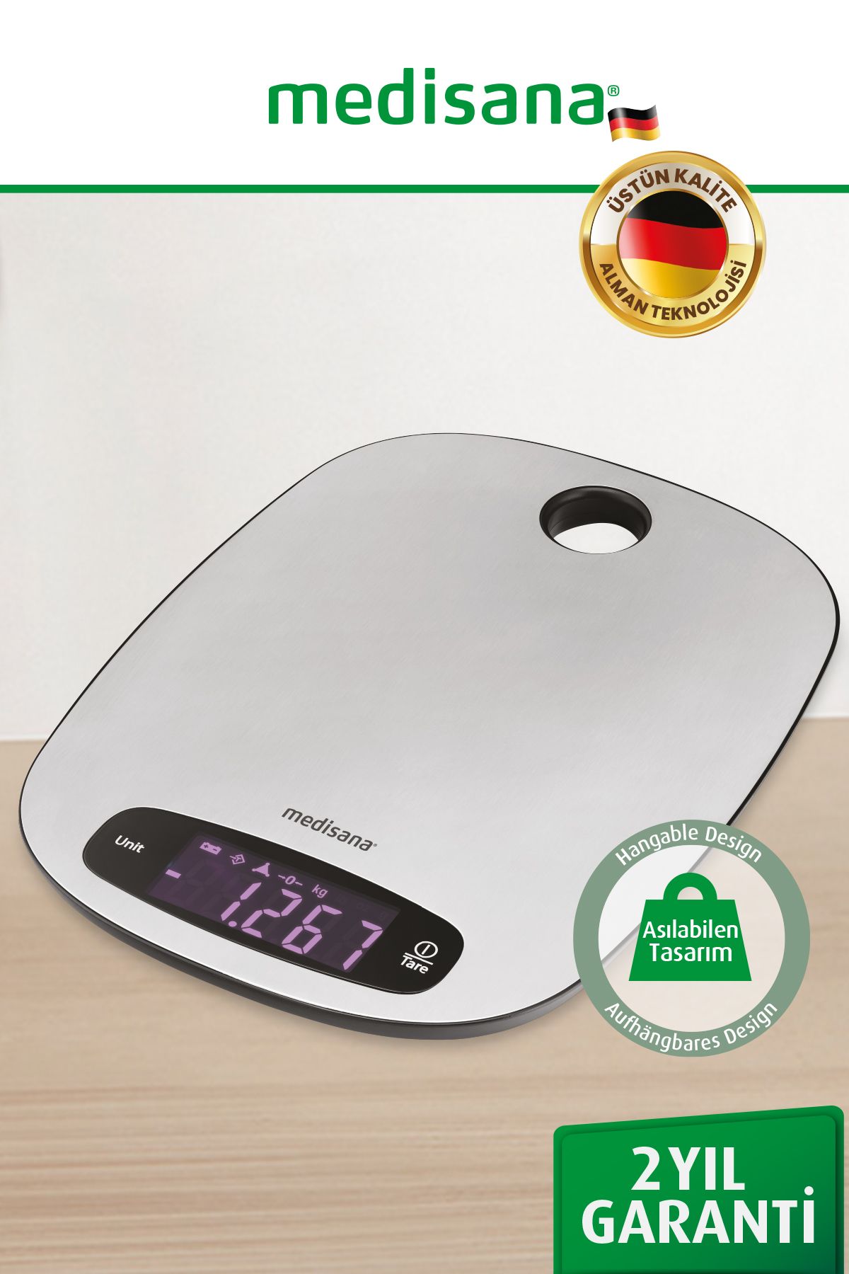 medisana Alman Tasarım Dokunmatik LED Ekranlı Dijital Inox 1gr-5kg Asılabilir Mutfak Tartısı Terazisi